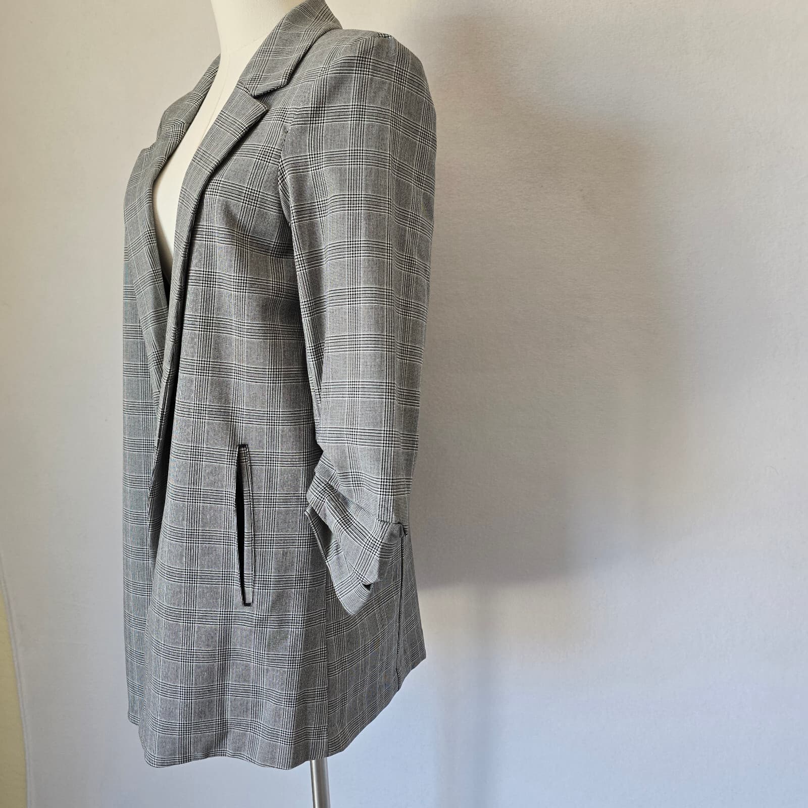 Rachel Zoe Houndstooth Check Open-Front Blazer 3/4 Ruched Sleeve Grey Women's L - Thumbnail 5