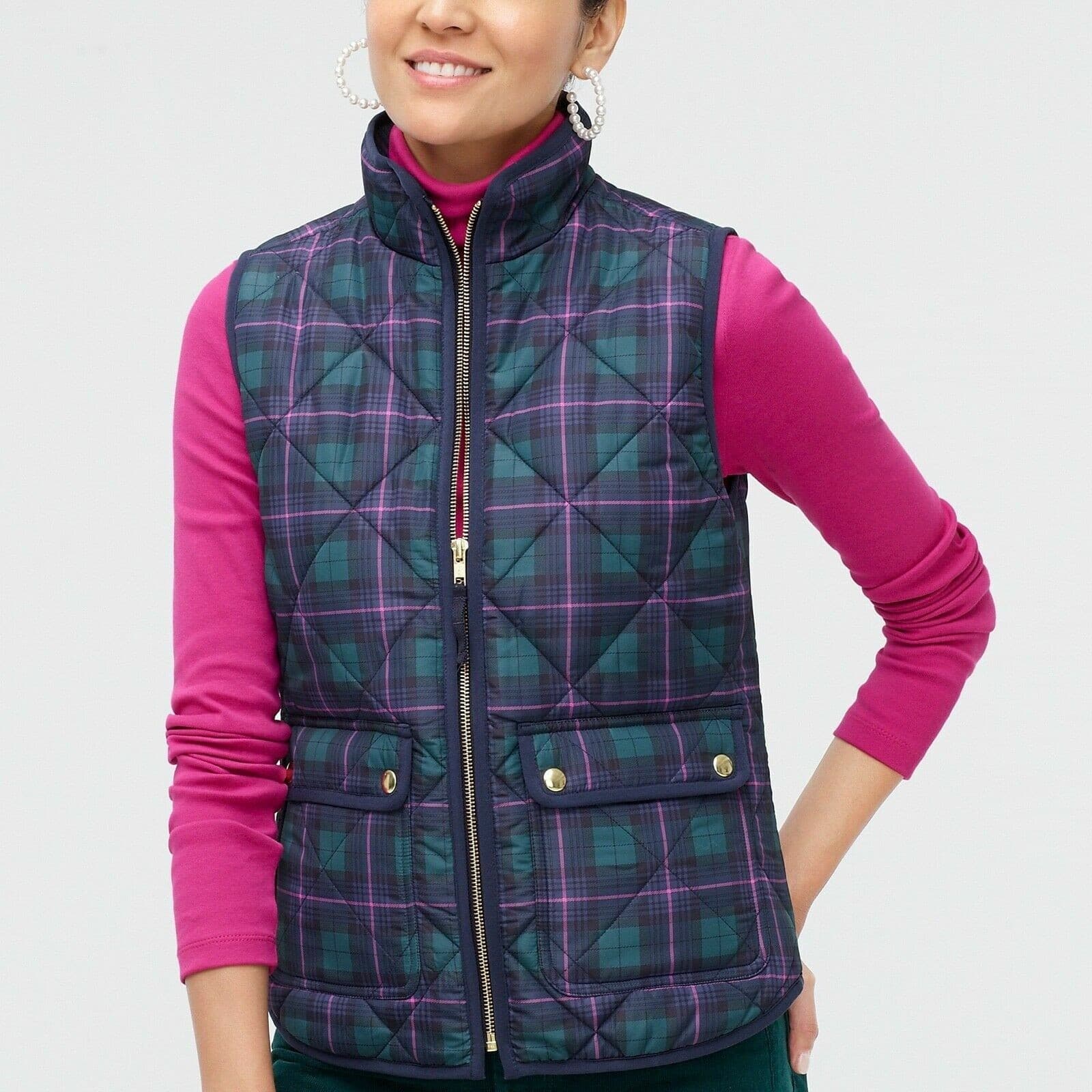 J.Crew Plaid Quilted Vest Zip-Up Pocket High Neck Green Pink Blue Women S #AG538 - Thumbnail 3