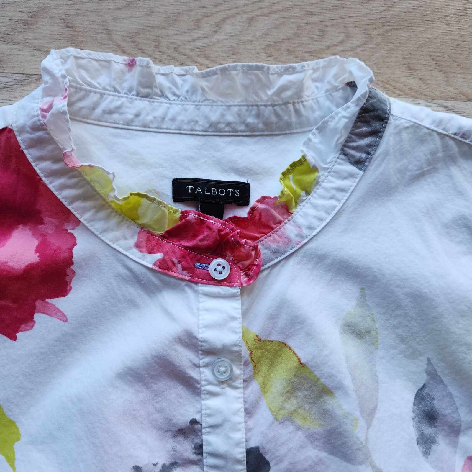 Talbots Watercolor Floral Ruffle Neck Popover Top Long Sleeve Multicolor Women M - Thumbnail 6