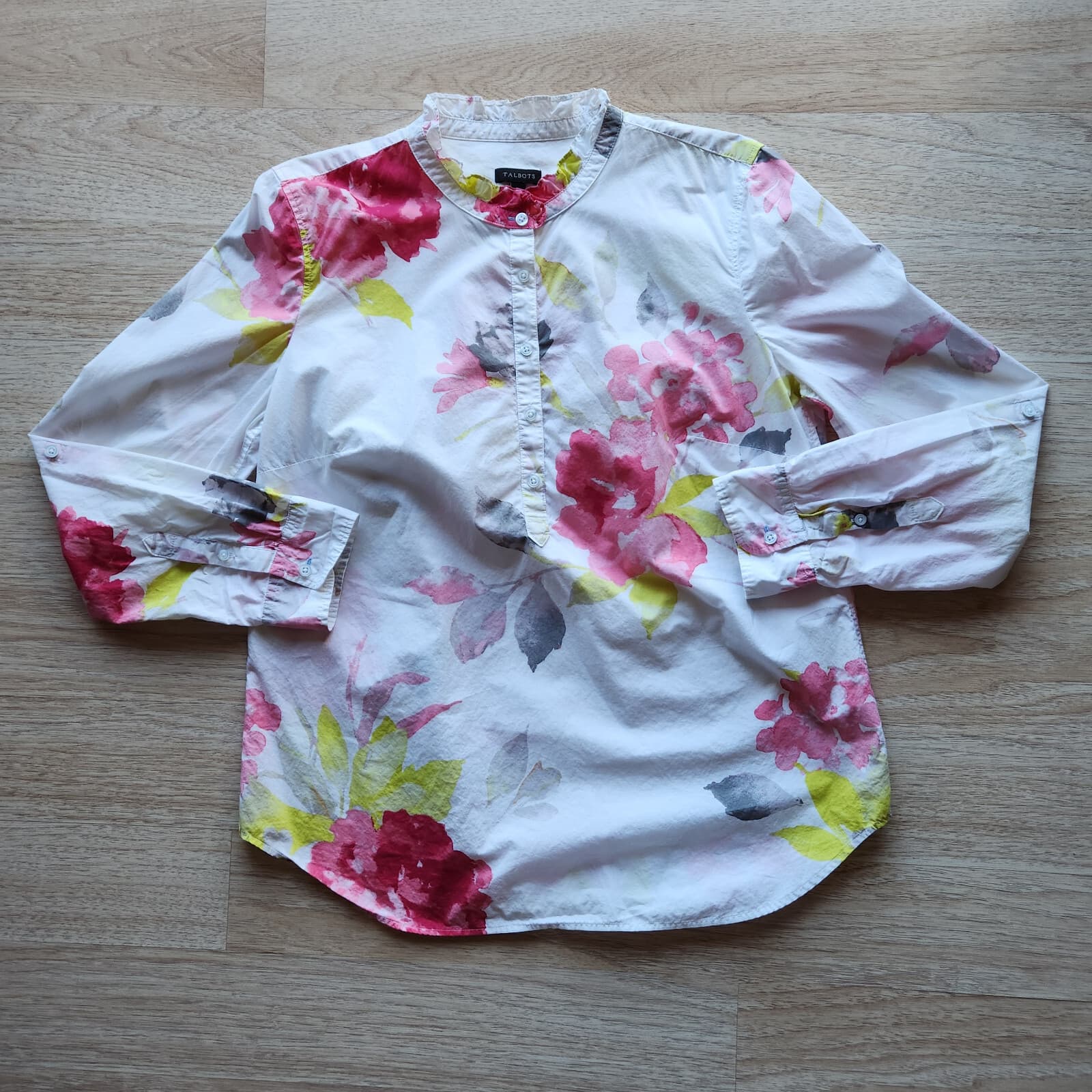Talbots Watercolor Floral Ruffle Neck Popover Top Long Sleeve Multicolor Women M - Thumbnail 3
