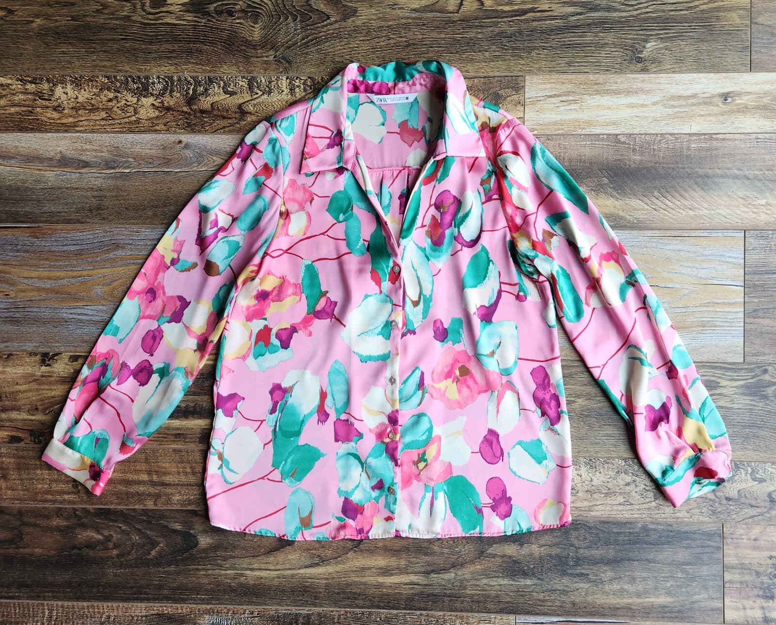 ZARA Satin Floral Printed Button-Down Shirt Long Sleeve Multicolor Oversize S - Thumbnail 5