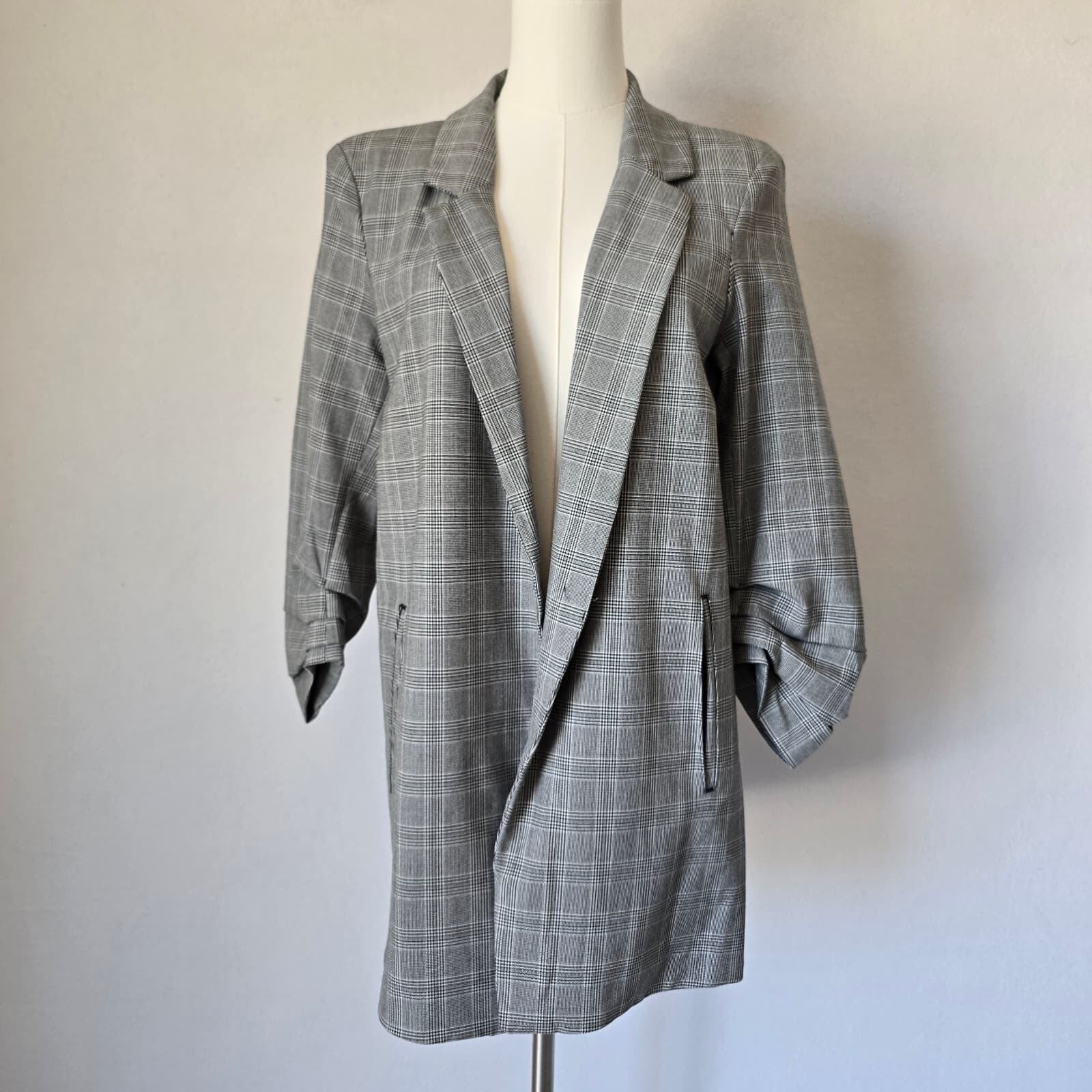 Rachel Zoe Houndstooth Check Open-Front Blazer 3/4 Ruched Sleeve Grey Women's L - Thumbnail 3