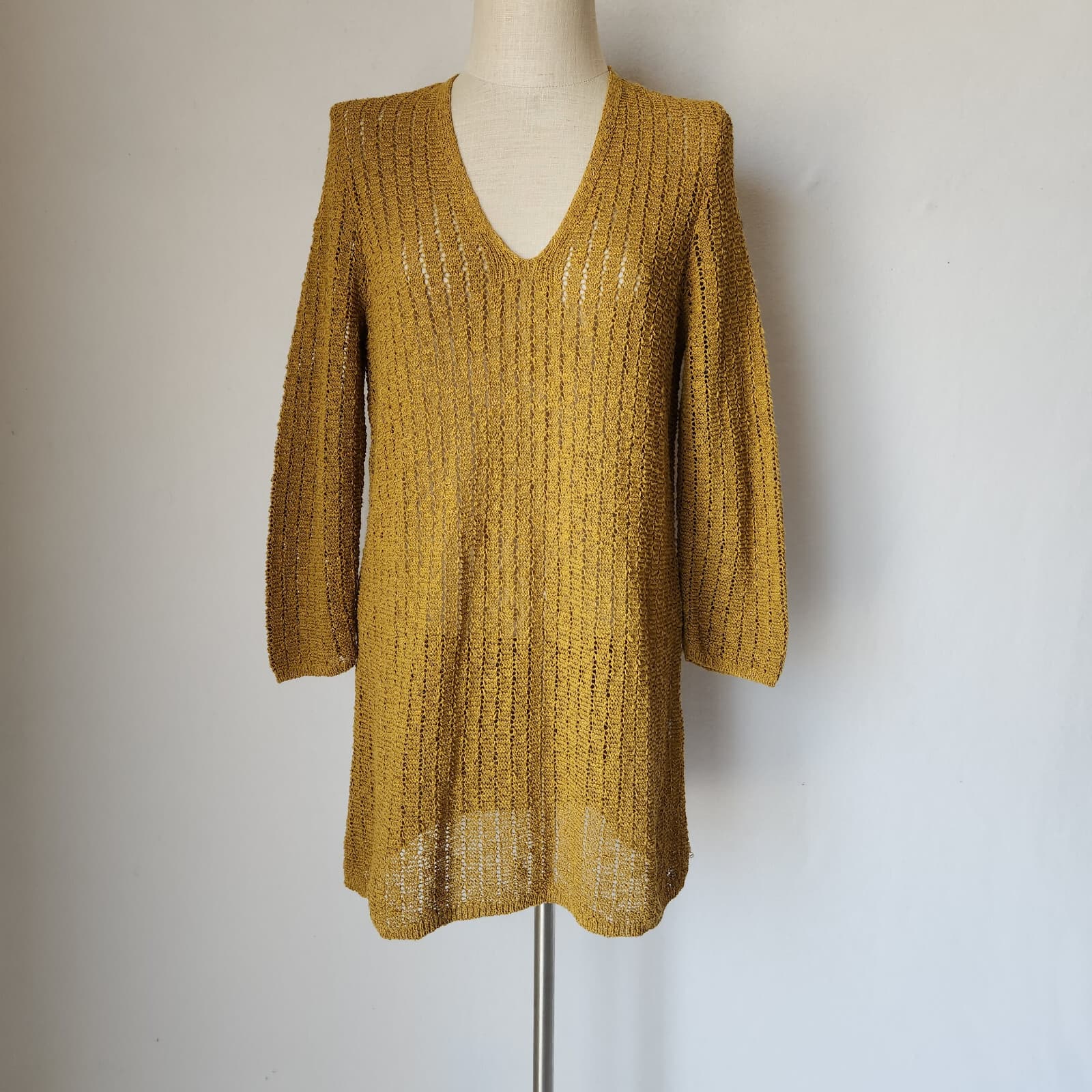 NWT J. Jill $89 Gilded Coin Open Stitch Knit V-Neck Sweater Top Mustard Womens M - Thumbnail 3