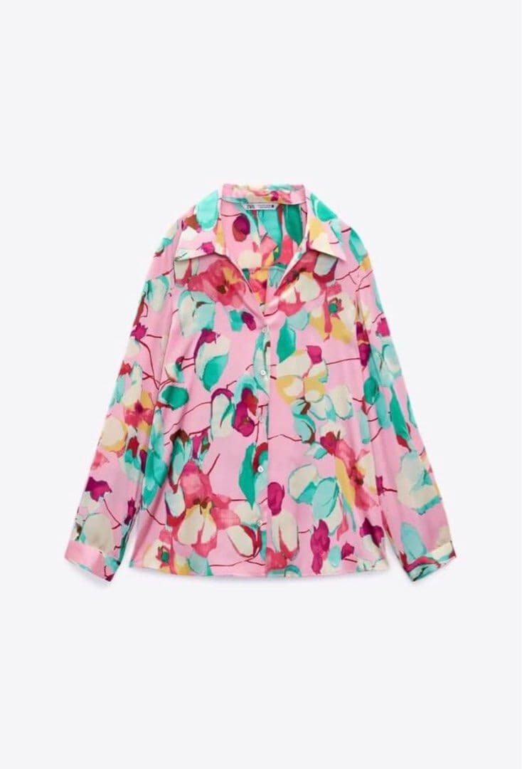 ZARA Satin Floral Printed Button-Down Shirt Long Sleeve Multicolor Oversize S - Thumbnail 4