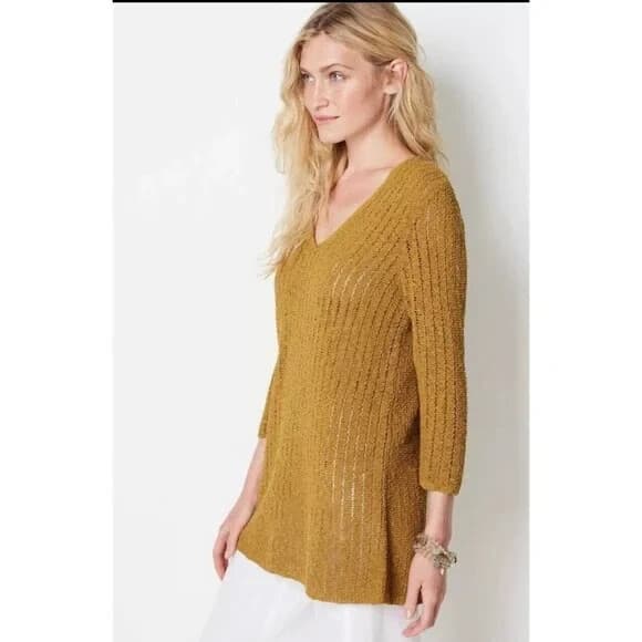NWT J. Jill $89 Gilded Coin Open Stitch Knit V-Neck Sweater Top Mustard Womens M - Thumbnail 2