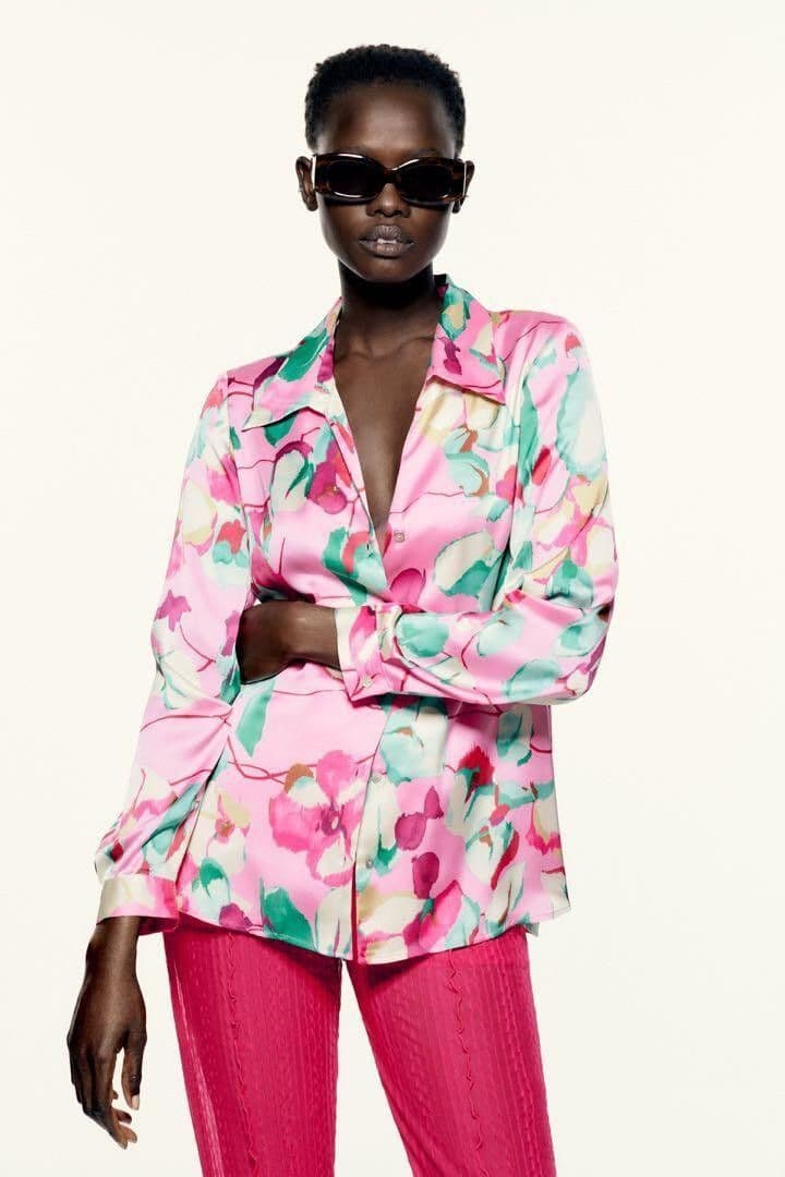 ZARA Satin Floral Printed Button-Down Shirt Long Sleeve Multicolor Oversize S - Thumbnail 2