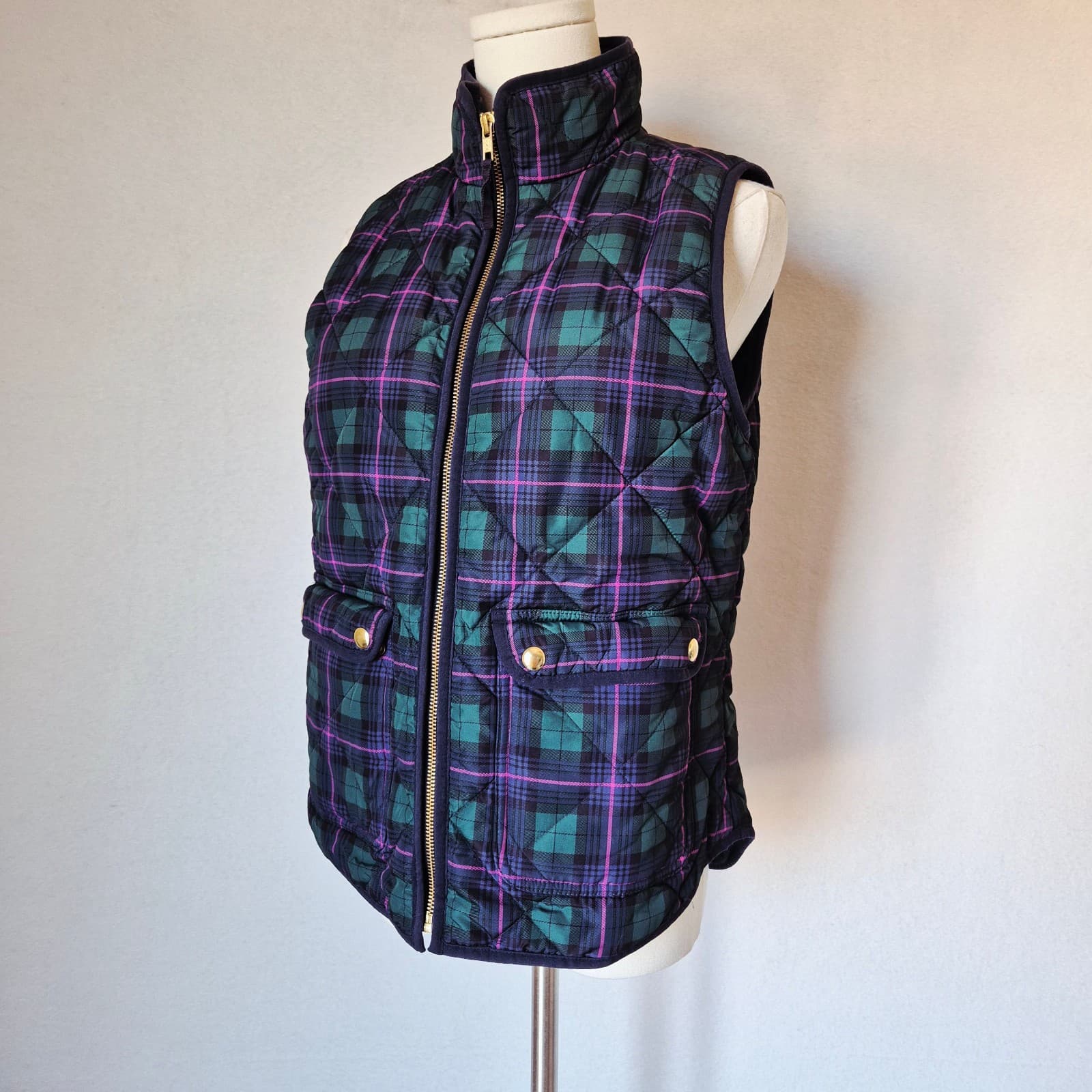 J.Crew Plaid Quilted Vest Zip-Up Pocket High Neck Green Pink Blue Women S #AG538 - Thumbnail 4