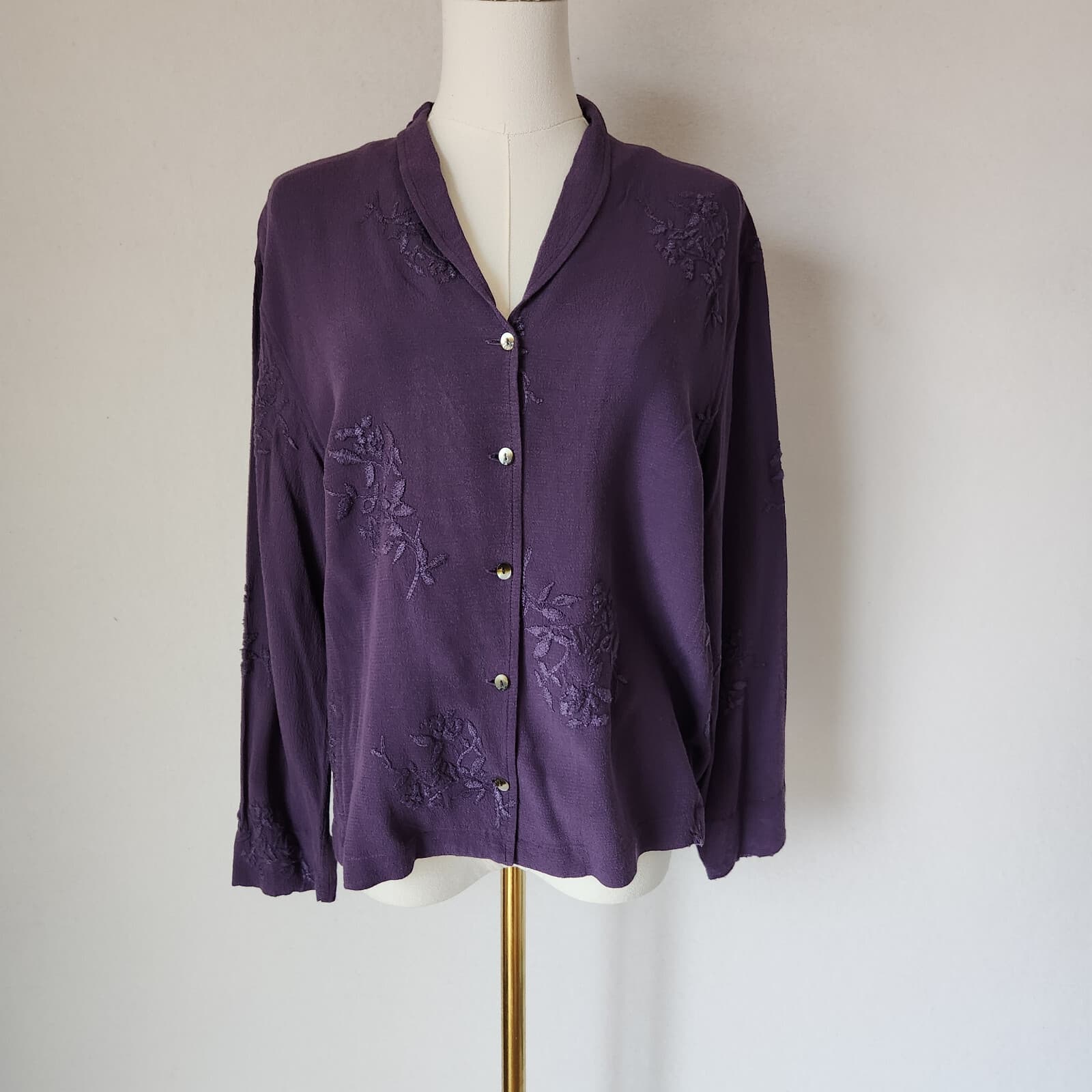 Vintage J.Jill Embroidered Rayon Top Button-Down Long Sleeve Purple Sz.M - Thumbnail 2