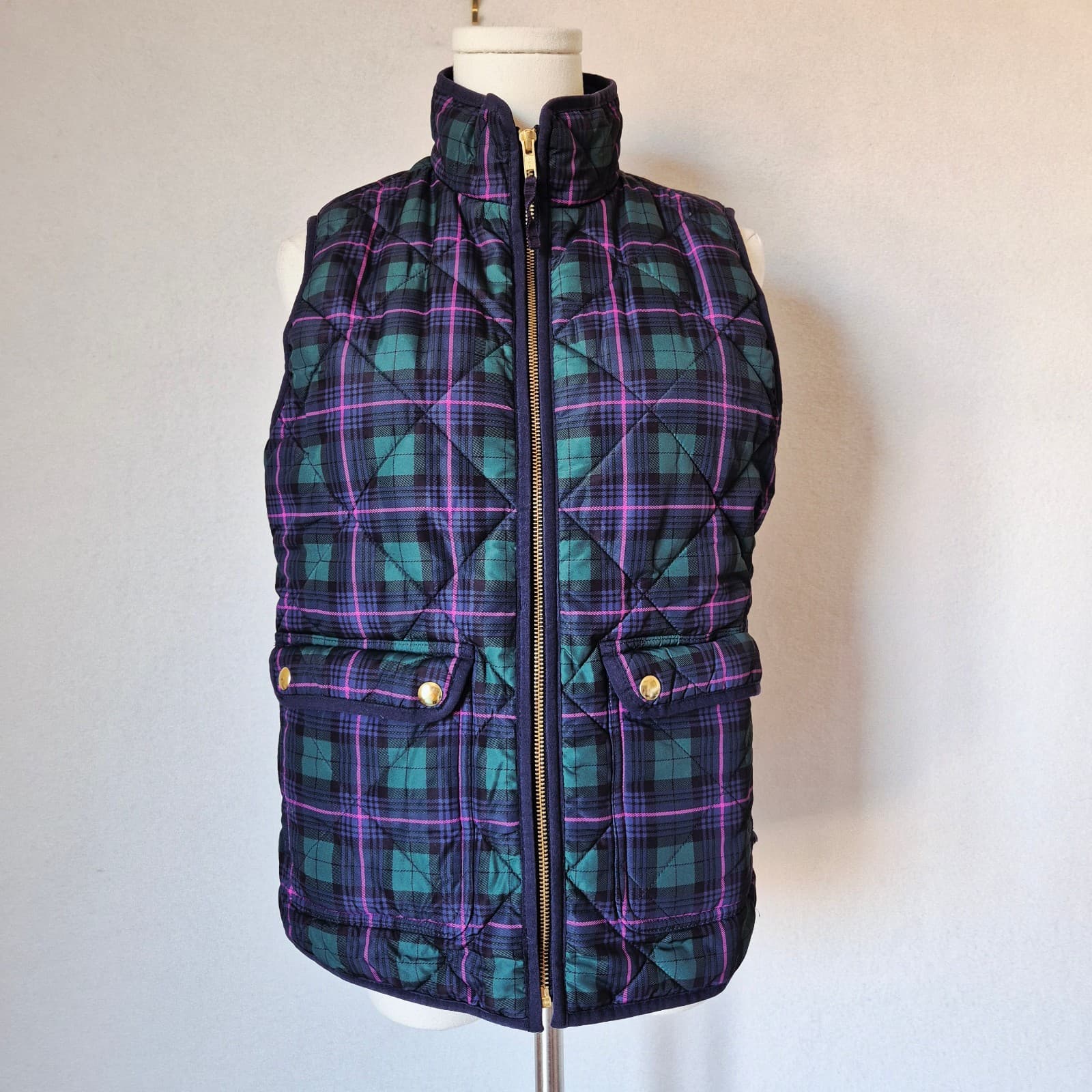 J.Crew Plaid Quilted Vest Zip-Up Pocket High Neck Green Pink Blue Women S #AG538 - Thumbnail 2