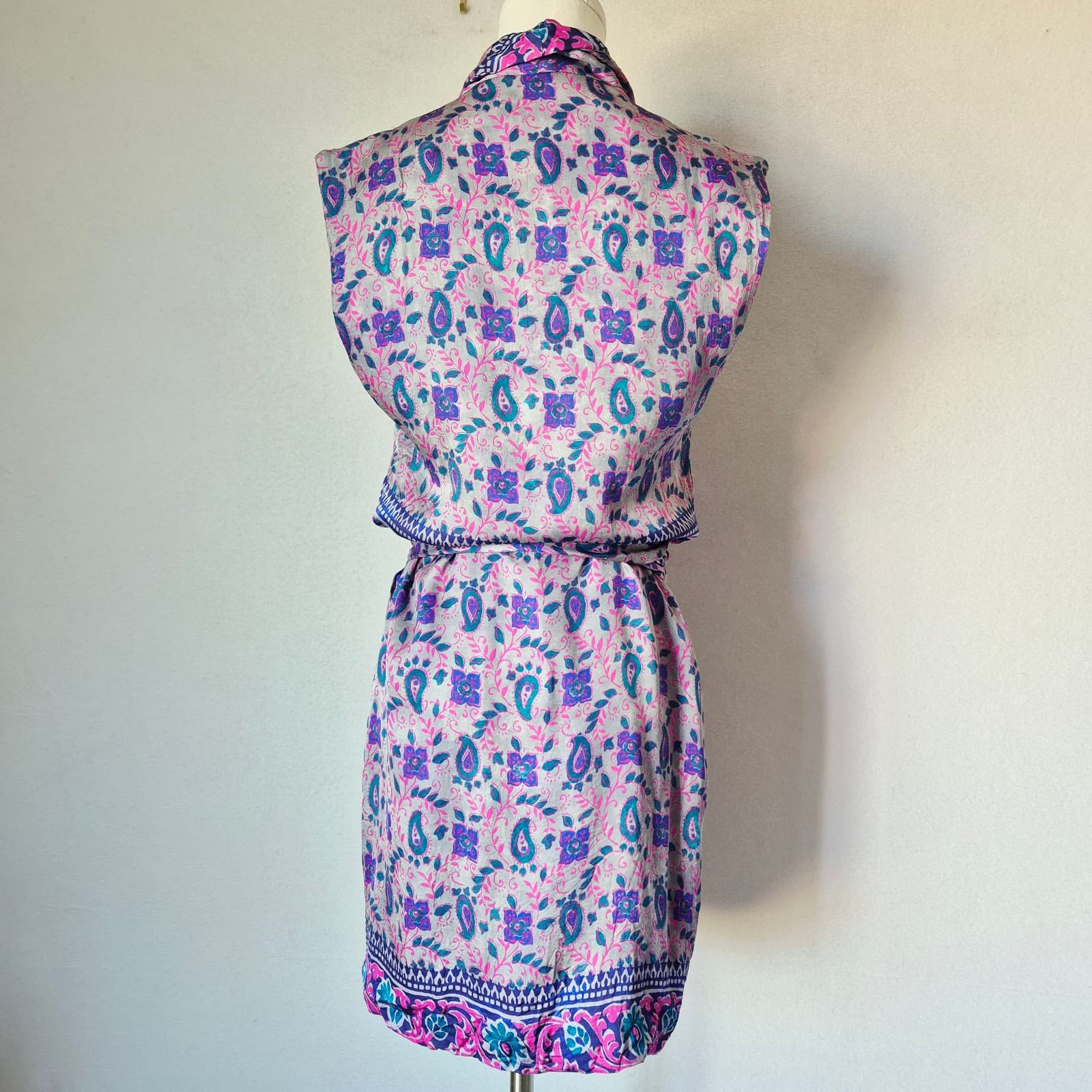 ZARA Paisley Satin Shawl Collar Mini Wrap Dress Side-Tie Sleeveless Purple Sz.S - Thumbnail 6