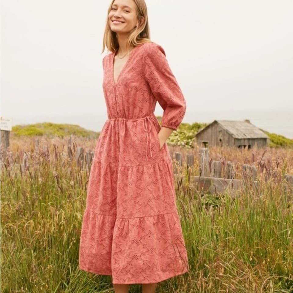Marine Layer Willow Eyelet Embroidered Tiered Button-Up Midi Dress Coral Sz.S - Thumbnail 2
