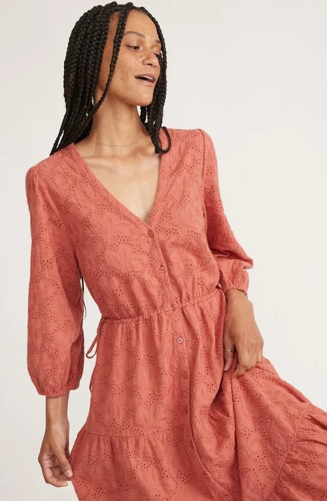 Marine Layer Willow Eyelet Embroidered Tiered Button-Up Midi Dress Coral Sz.S - Thumbnail 5