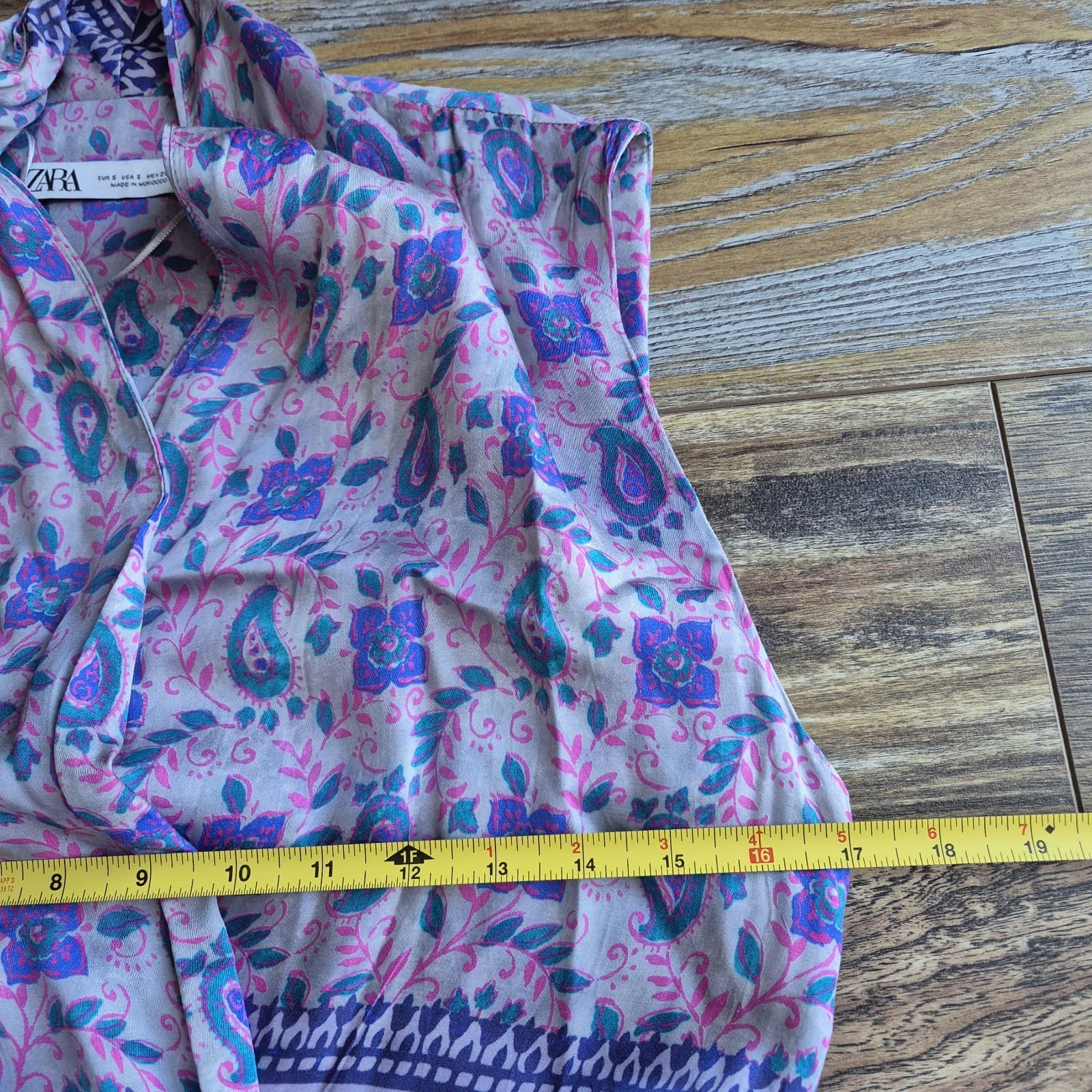 ZARA Paisley Satin Shawl Collar Mini Wrap Dress Side-Tie Sleeveless Purple Sz.S - Thumbnail 10