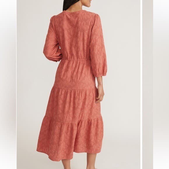 Marine Layer Willow Eyelet Embroidered Tiered Button-Up Midi Dress Coral Sz.S - Thumbnail 9