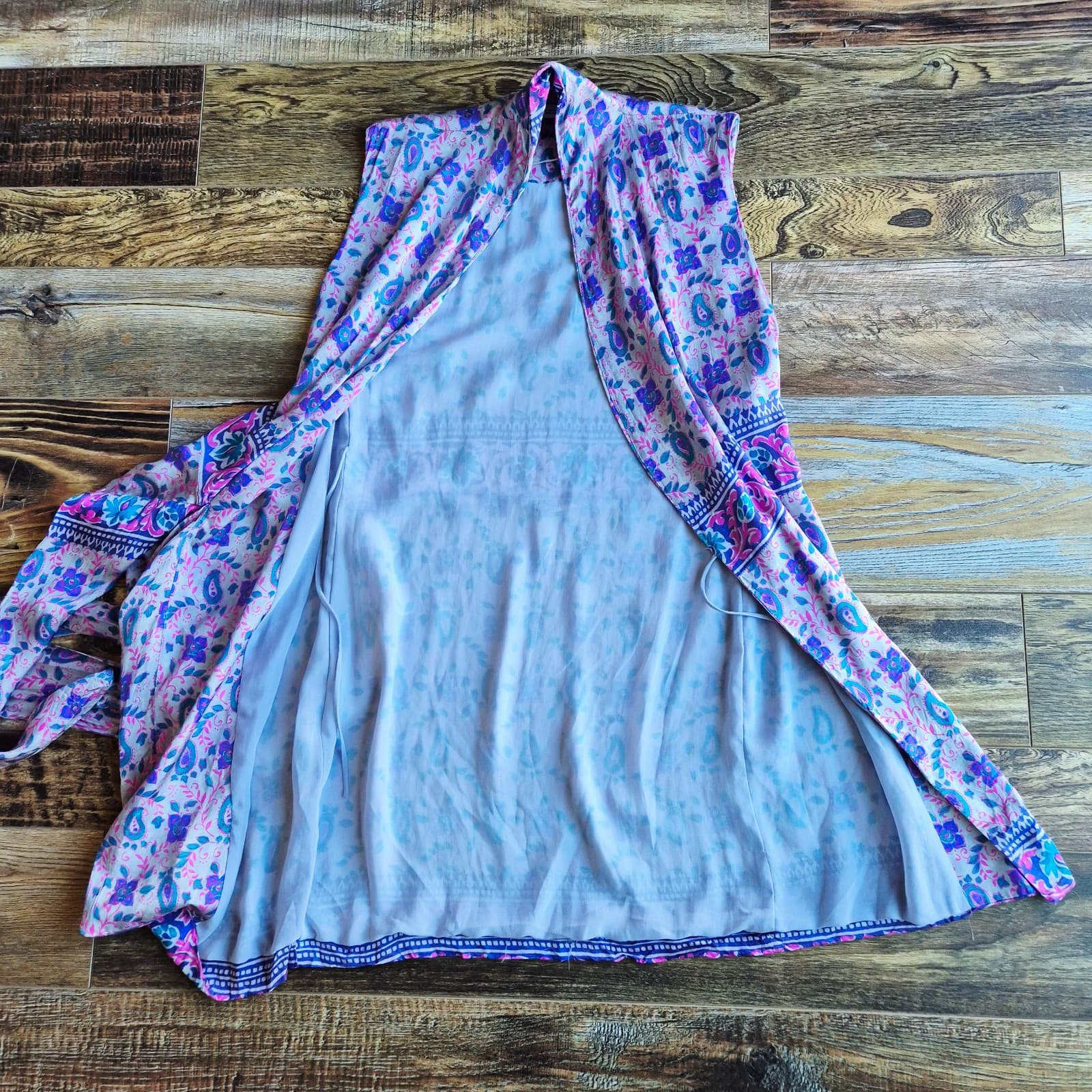 ZARA Paisley Satin Shawl Collar Mini Wrap Dress Side-Tie Sleeveless Purple Sz.S - Thumbnail 7
