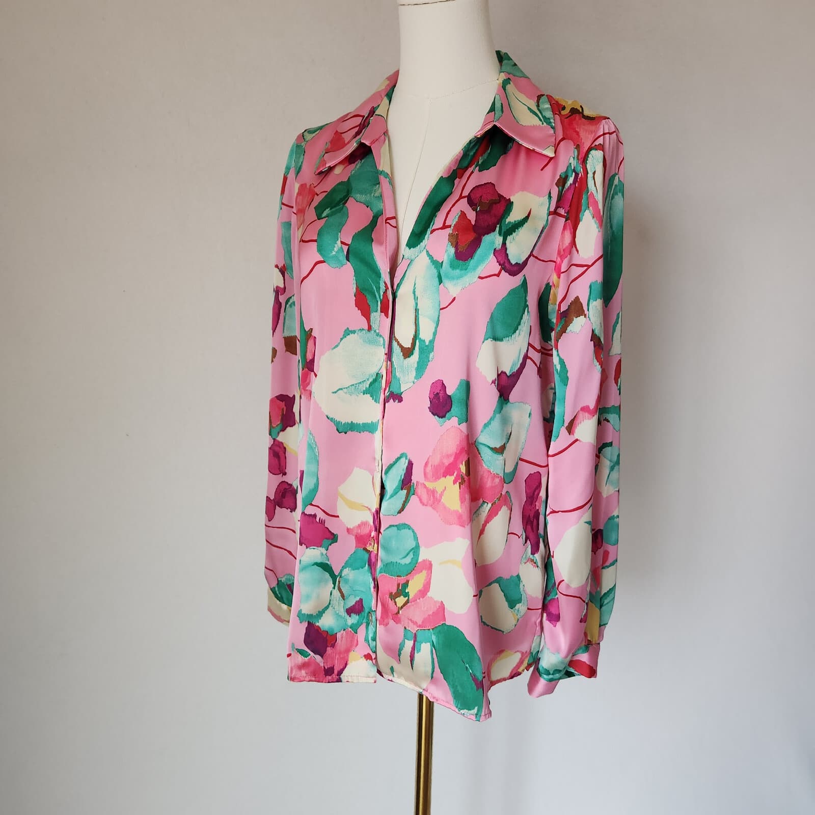 ZARA Satin Floral Printed Button-Down Shirt Long Sleeve Multicolor Oversize S - Thumbnail 3
