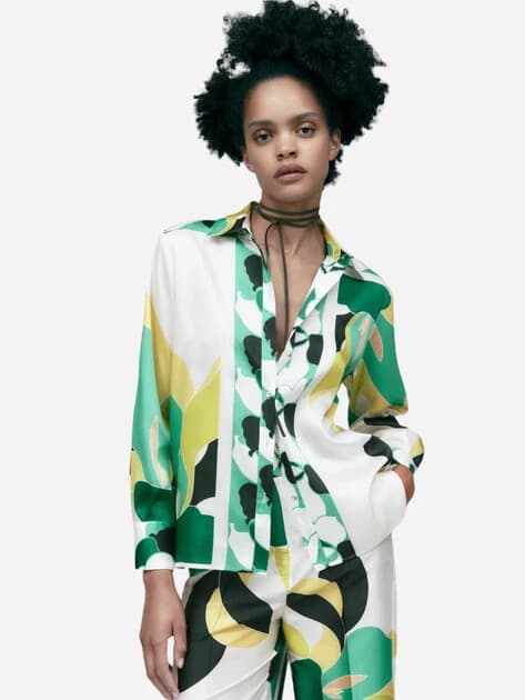 ZARA Satin Geometric Printed Button-Down Shirt Long Sleeve Multicolor Oversize S - Thumbnail 7