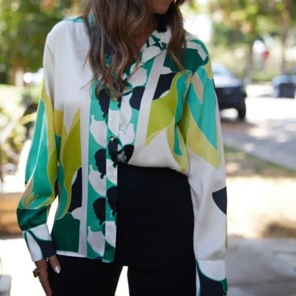 ZARA Satin Geometric Printed Button-Down Shirt Long Sleeve Multicolor Oversize S - Thumbnail 8