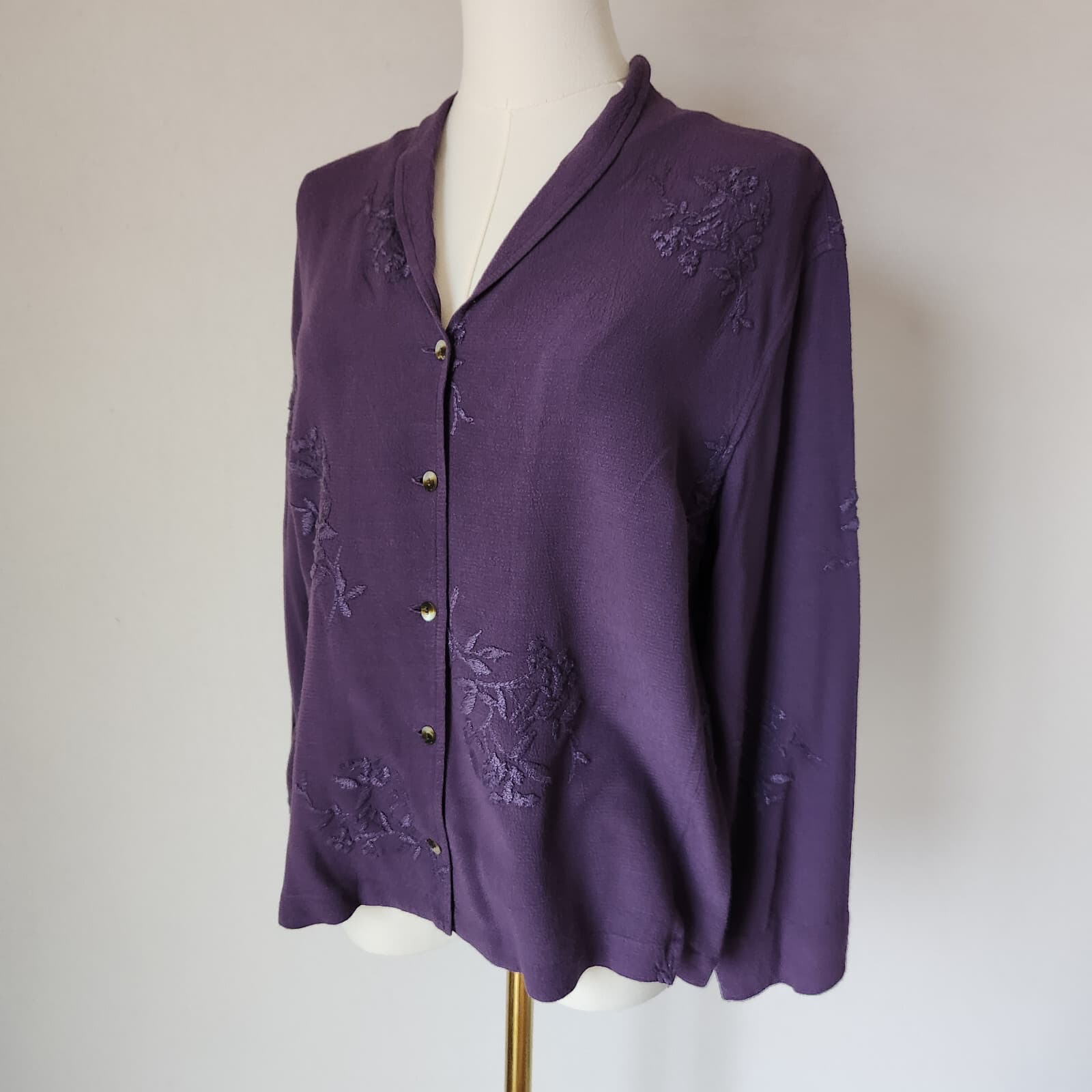 Vintage J.Jill Embroidered Rayon Top Button-Down Long Sleeve Purple Sz.M - Thumbnail 3