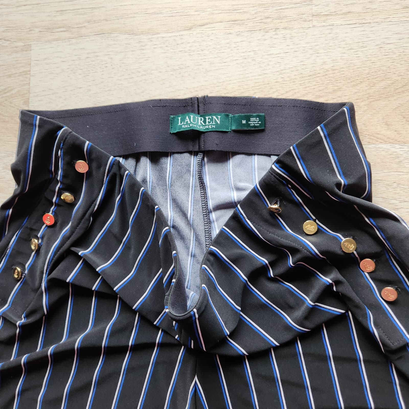 Lauren Ralph Lauren Jersey Stripe Wide-Leg Pants Pull-On Button-Accent Blue Sz.M - Thumbnail 5