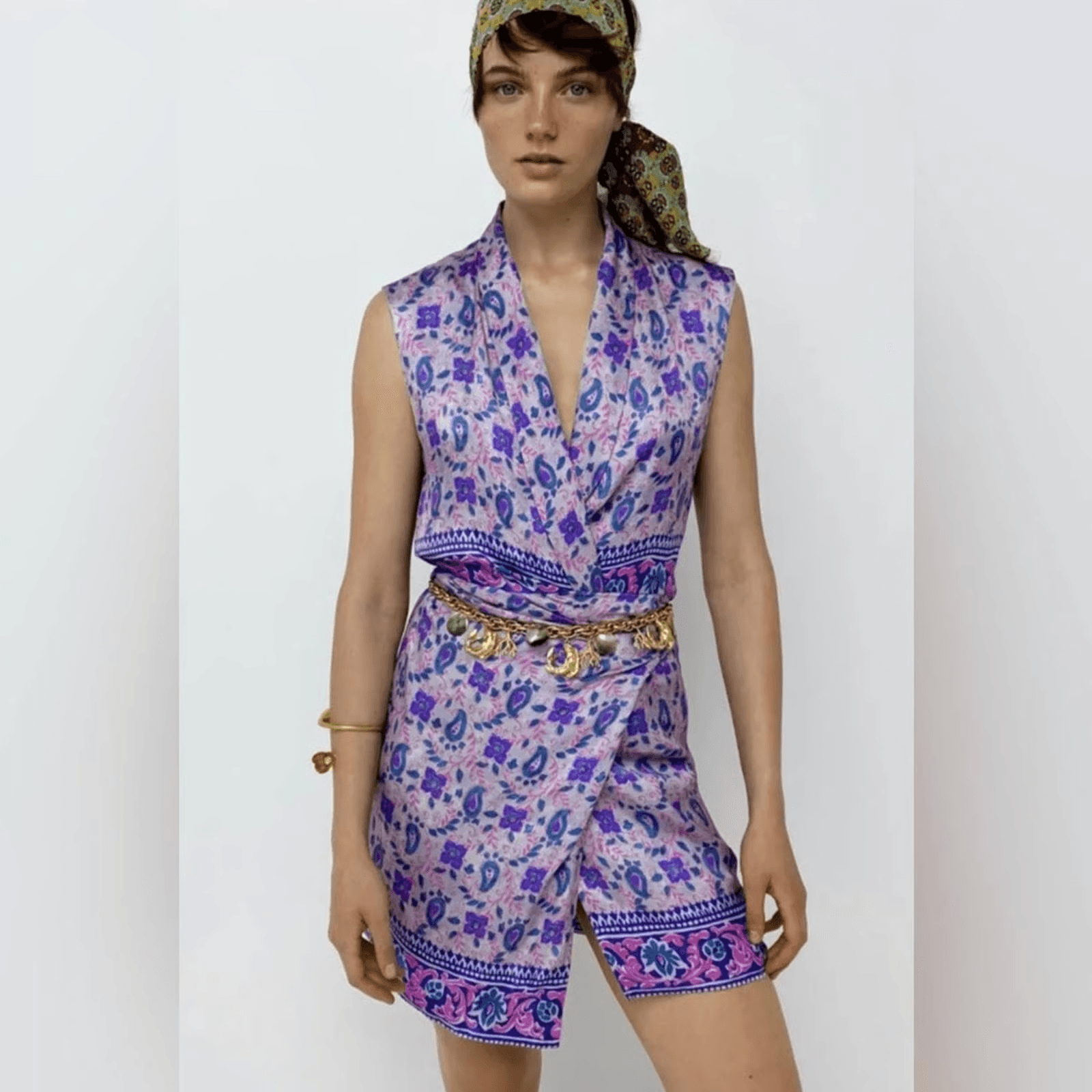ZARA Paisley Satin Shawl Collar Mini Wrap Dress Side-Tie Sleeveless Purple Sz.S - Thumbnail 2