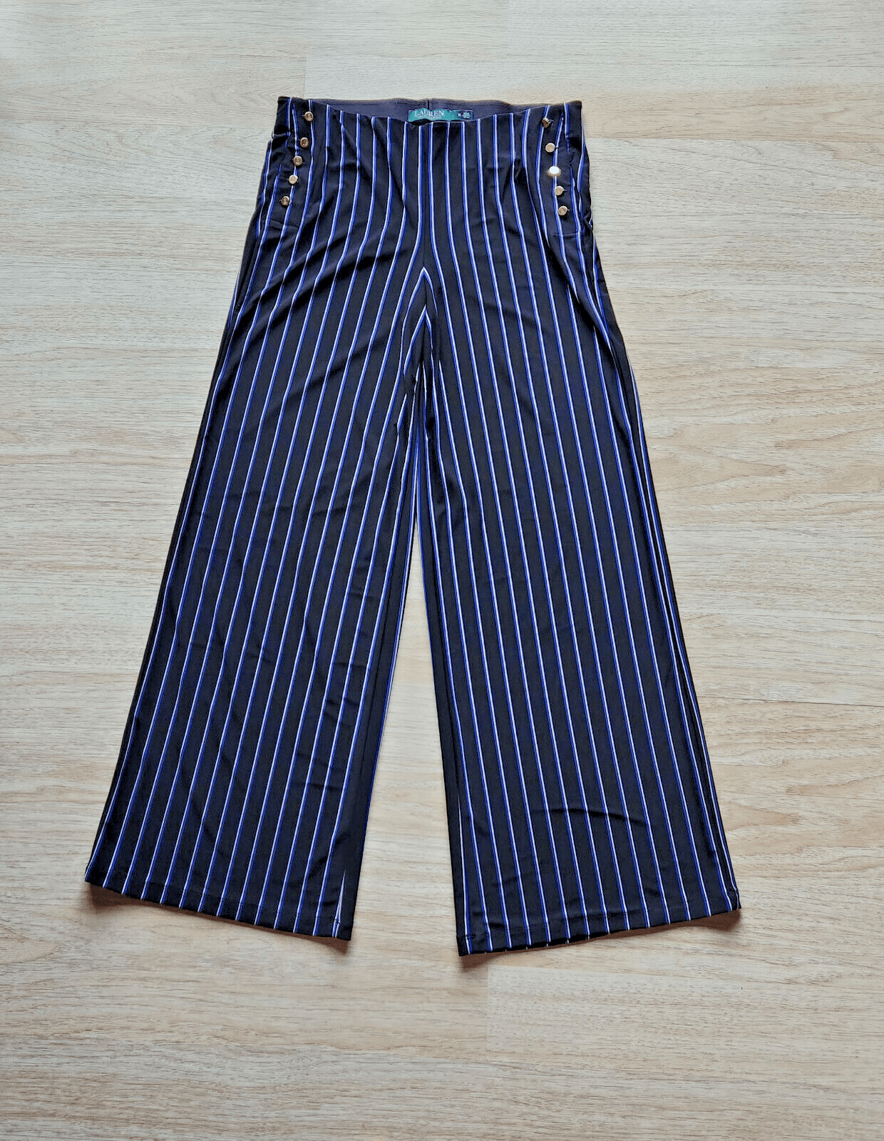 Lauren Ralph Lauren Jersey Stripe Wide-Leg Pants Pull-On Button-Accent Blue Sz.M