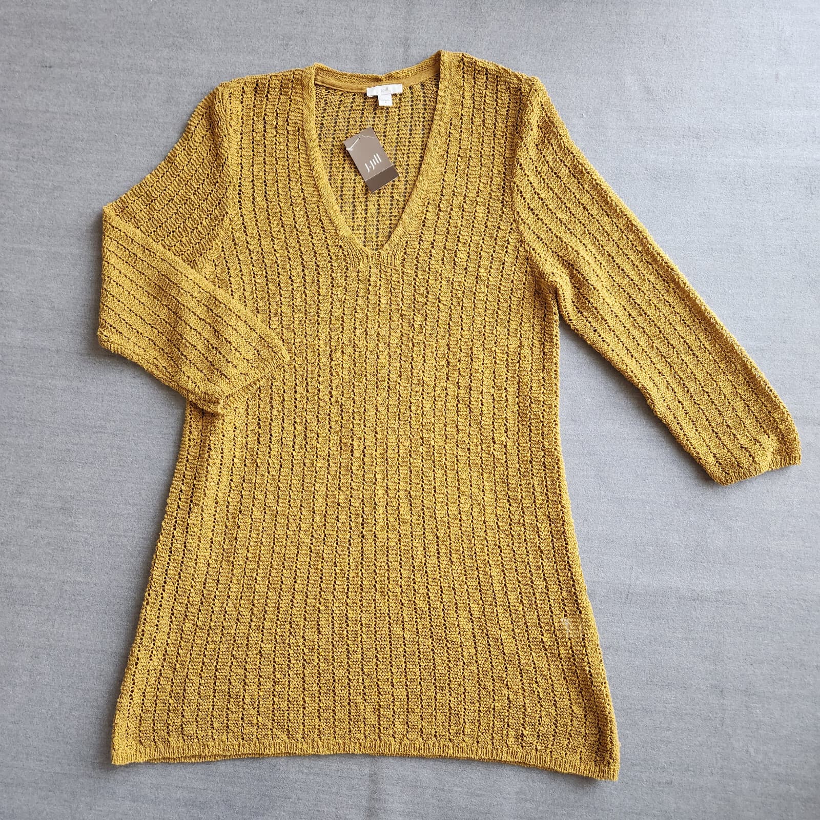 NWT J. Jill $89 Gilded Coin Open Stitch Knit V-Neck Sweater Top Mustard Womens M - Thumbnail 6