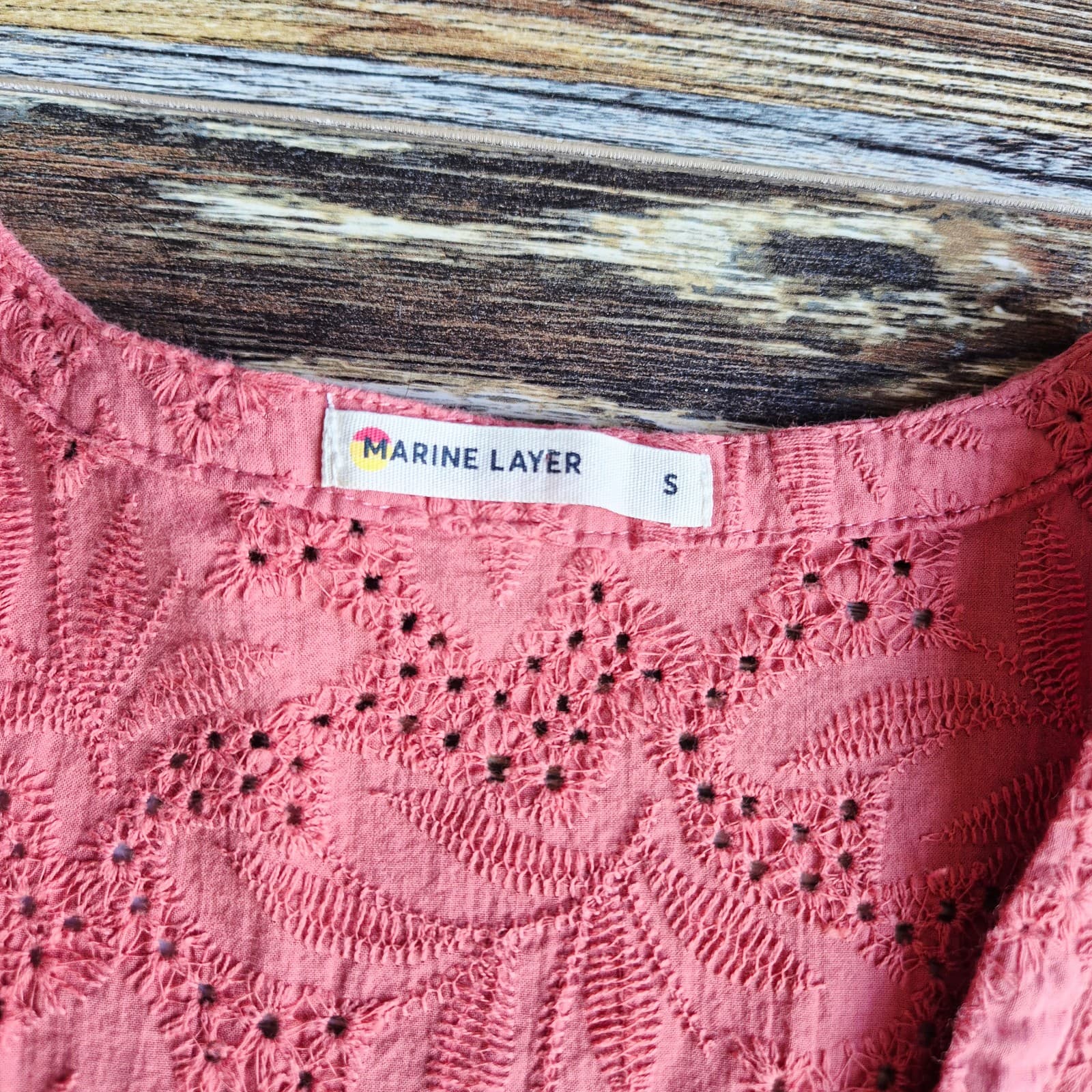 Marine Layer Willow Eyelet Embroidered Tiered Button-Up Midi Dress Coral Sz.S - Thumbnail 11