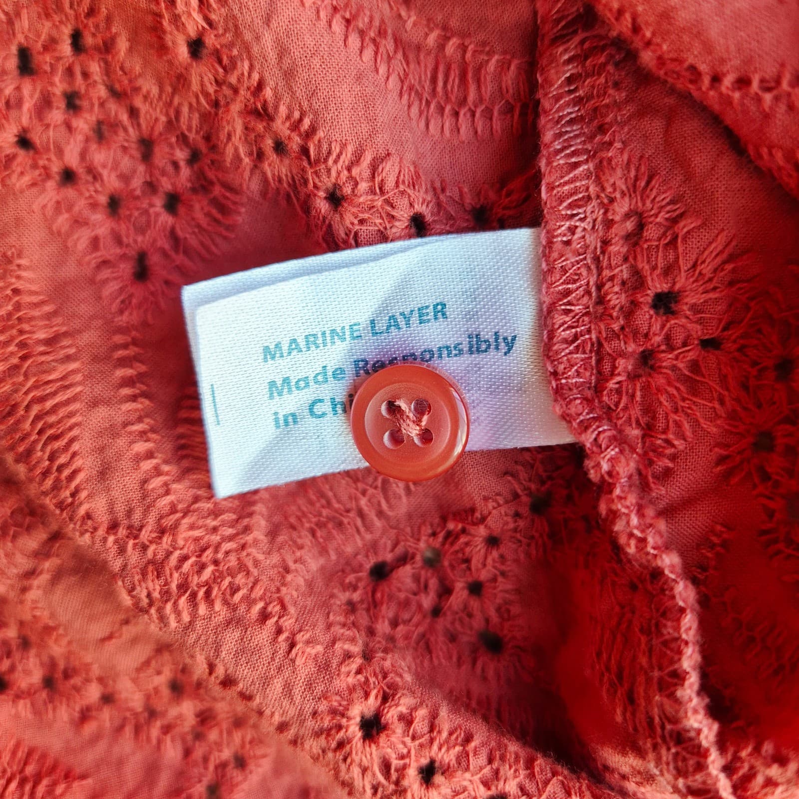 Marine Layer Willow Eyelet Embroidered Tiered Button-Up Midi Dress Coral Sz.S - Thumbnail 12