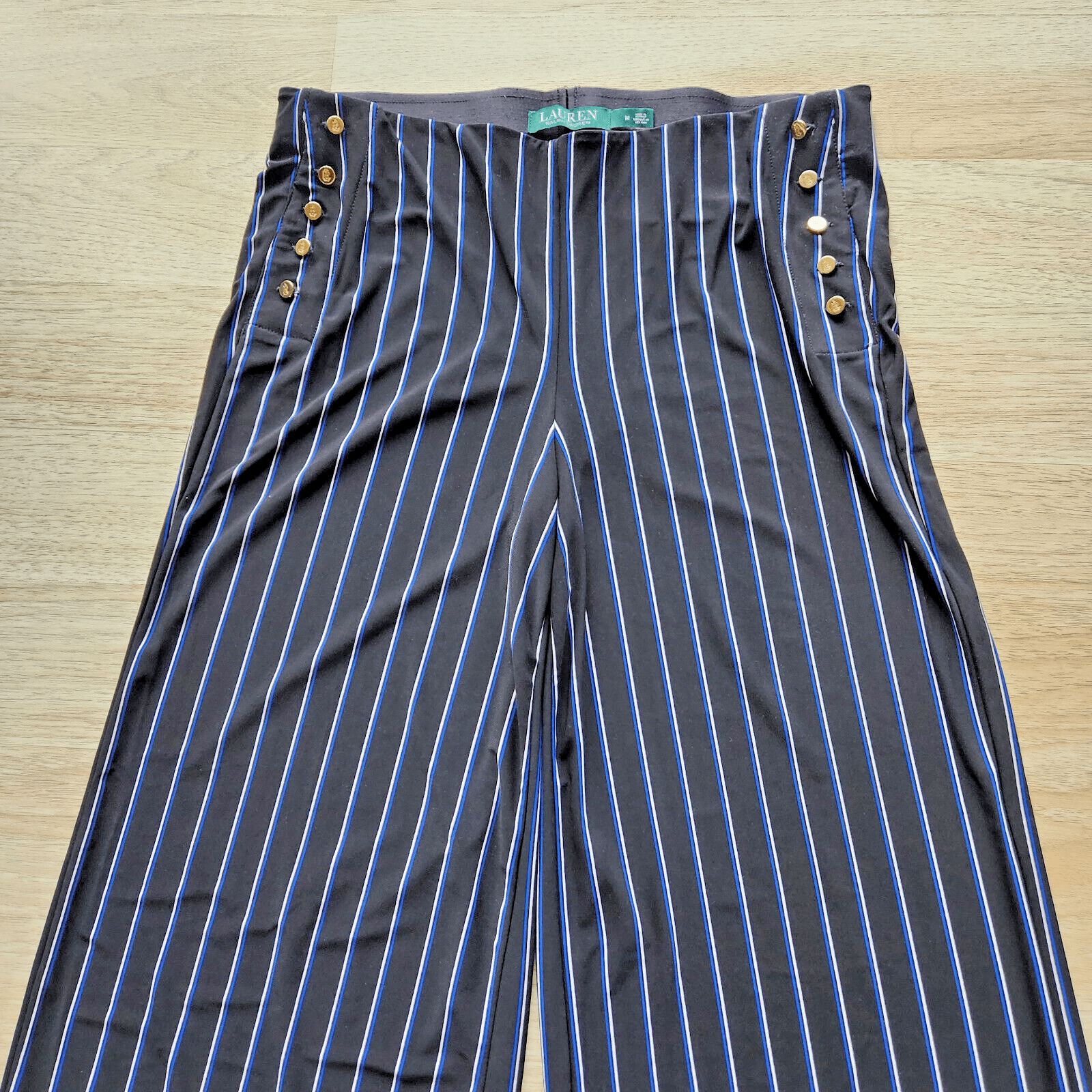 Lauren Ralph Lauren Jersey Stripe Wide-Leg Pants Pull-On Button-Accent Blue Sz.M - Thumbnail 2