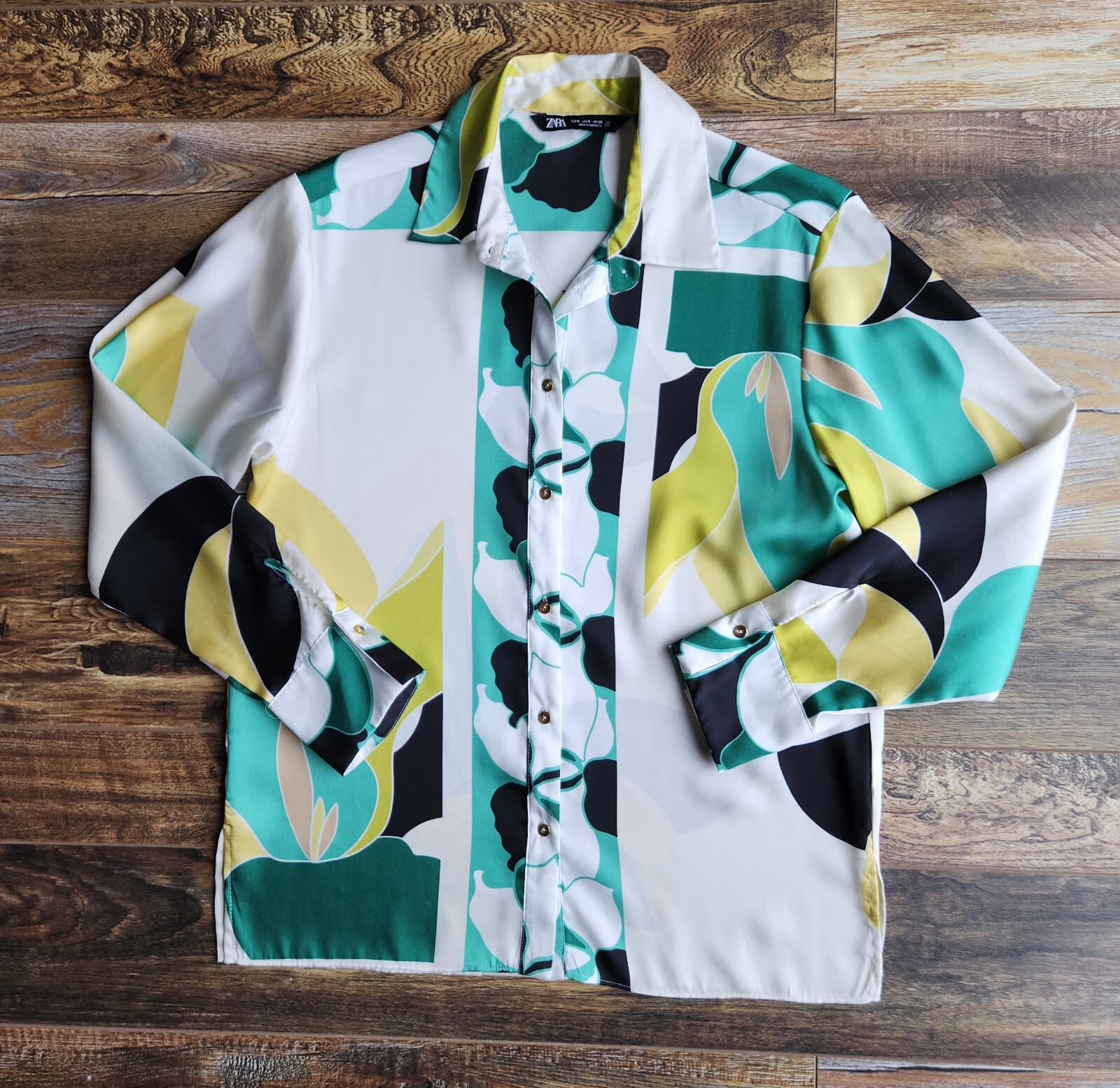 ZARA Satin Geometric Printed Button-Down Shirt Long Sleeve Multicolor Oversize S - Thumbnail 2