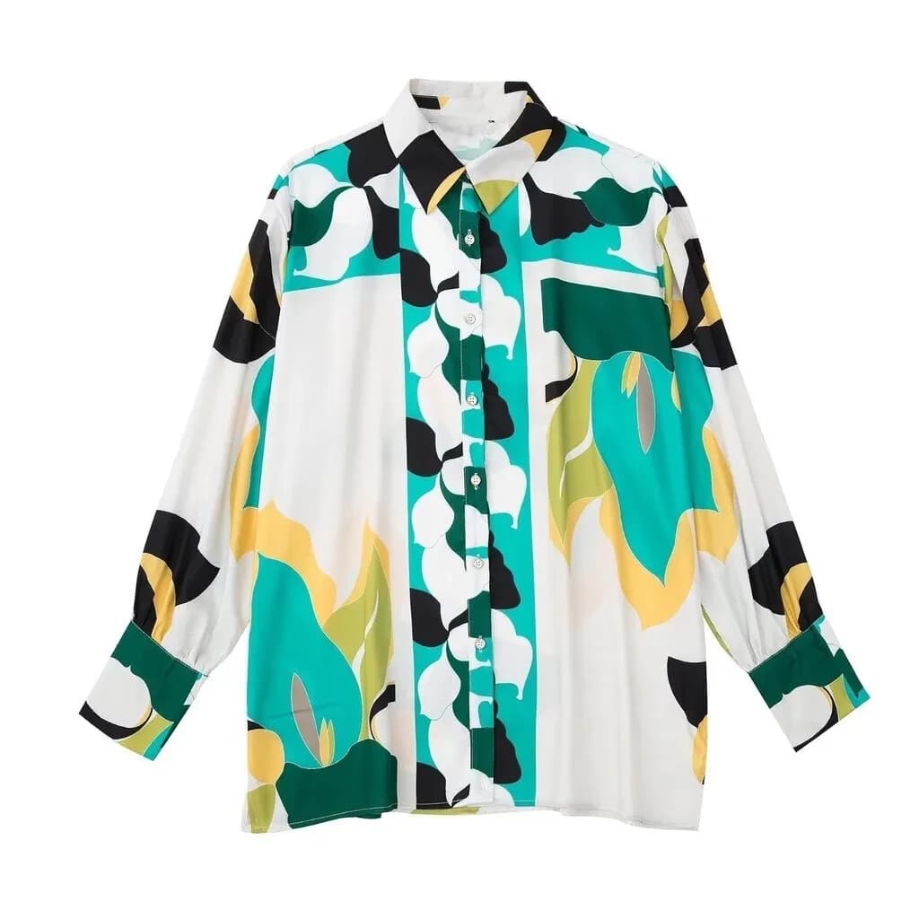 ZARA Satin Geometric Printed Button-Down Shirt Long Sleeve Multicolor Oversize S - Thumbnail 3