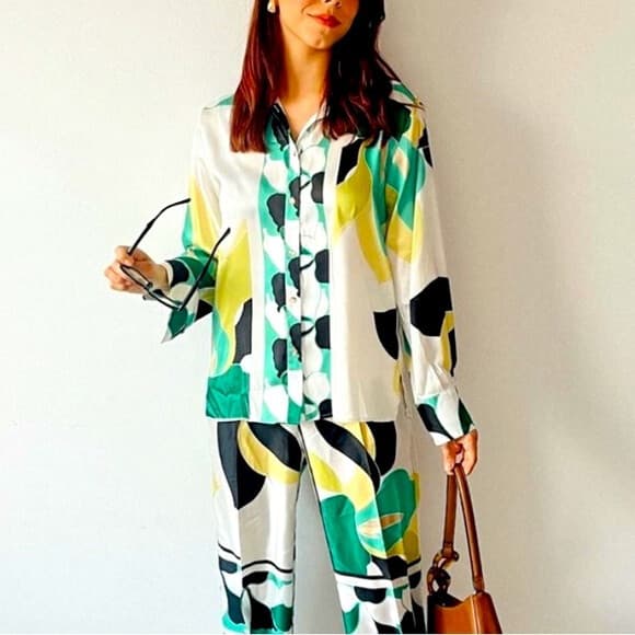 ZARA Satin Geometric Printed Button-Down Shirt Long Sleeve Multicolor Oversize S - Thumbnail 4