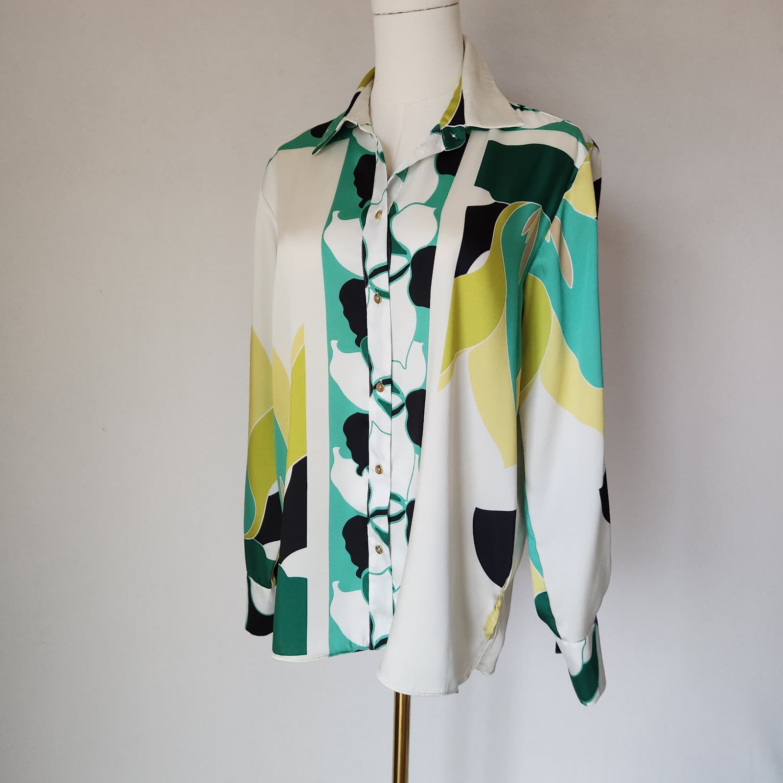 ZARA Satin Geometric Printed Button-Down Shirt Long Sleeve Multicolor Oversize S - Thumbnail 5