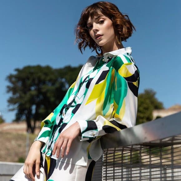 ZARA Satin Geometric Printed Button-Down Shirt Long Sleeve Multicolor Oversize S - Thumbnail 6