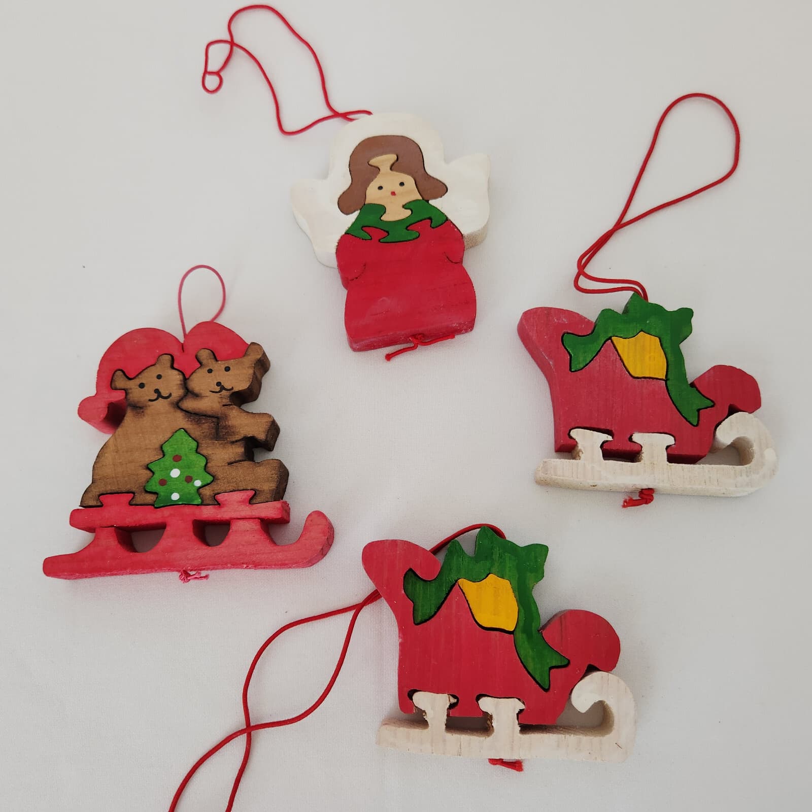 Vintage 4 Piece Flat Wooden Puzzle Hand Painted Double Side Christmas Ornaments - Thumbnail 2