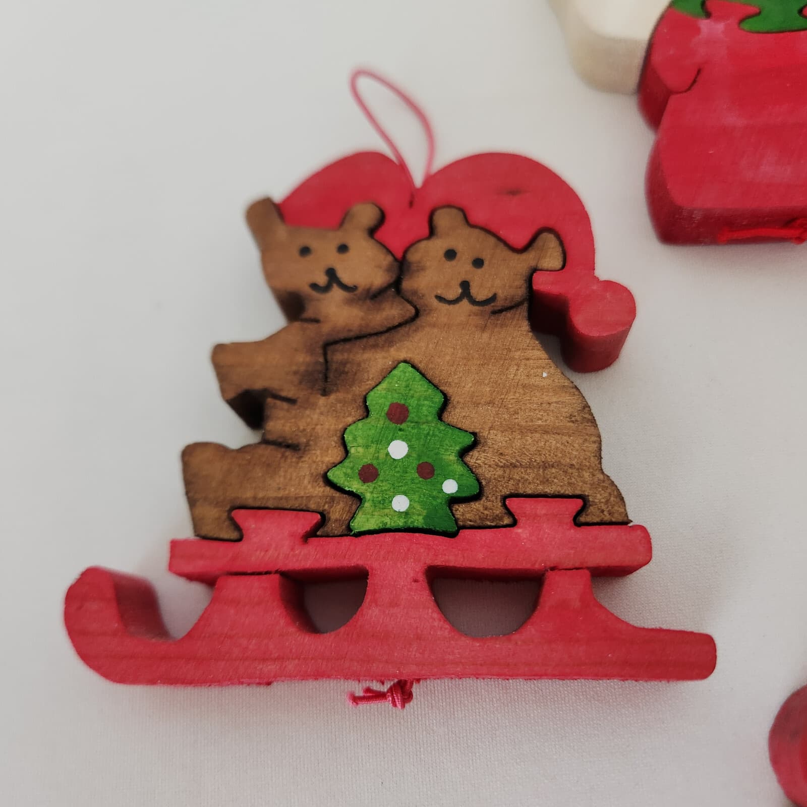 Vintage 4 Piece Flat Wooden Puzzle Hand Painted Double Side Christmas Ornaments - Thumbnail 3