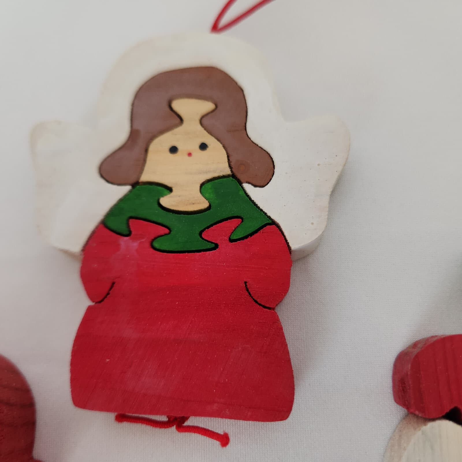 Vintage 4 Piece Flat Wooden Puzzle Hand Painted Double Side Christmas Ornaments - Thumbnail 4
