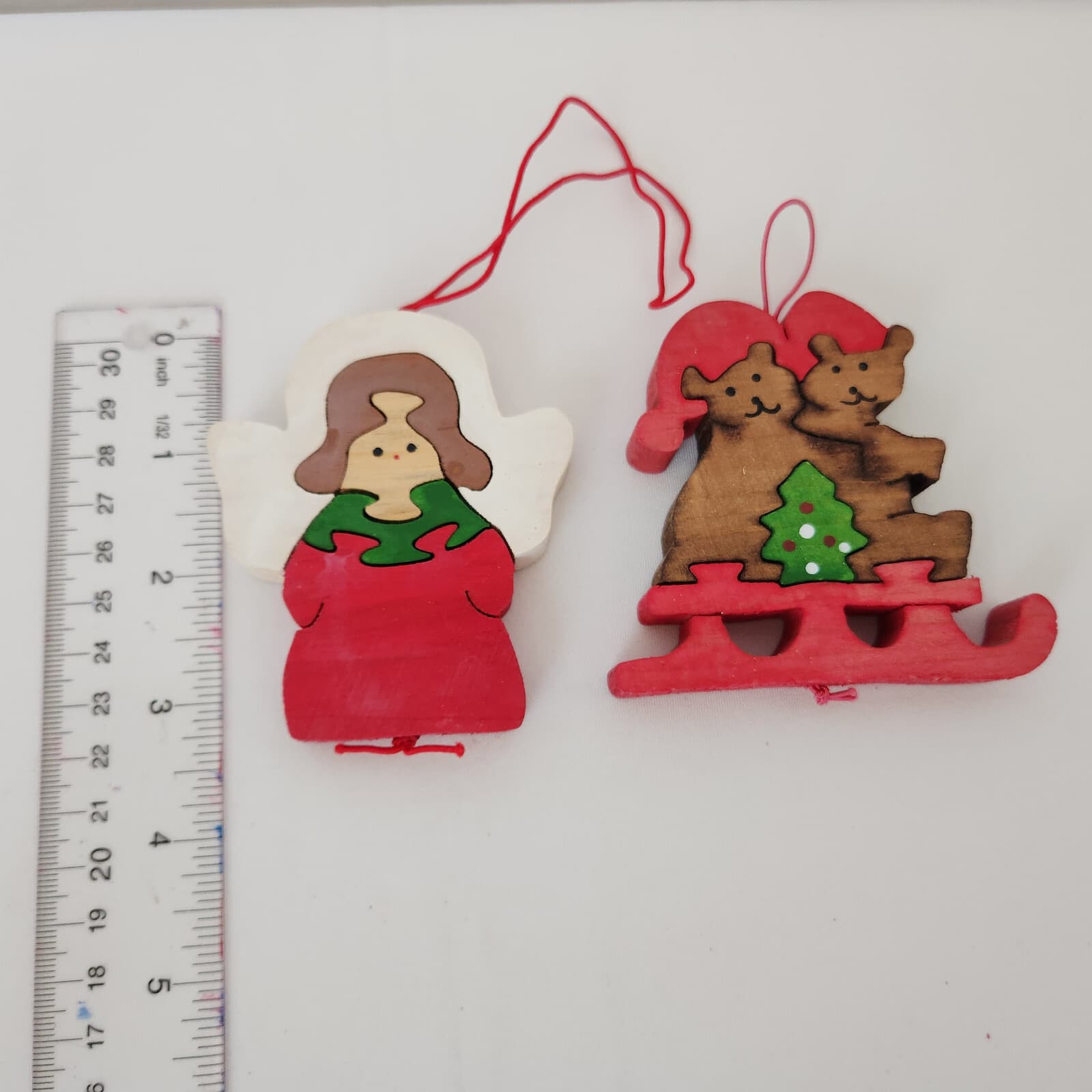 Vintage 4 Piece Flat Wooden Puzzle Hand Painted Double Side Christmas Ornaments - Thumbnail 10