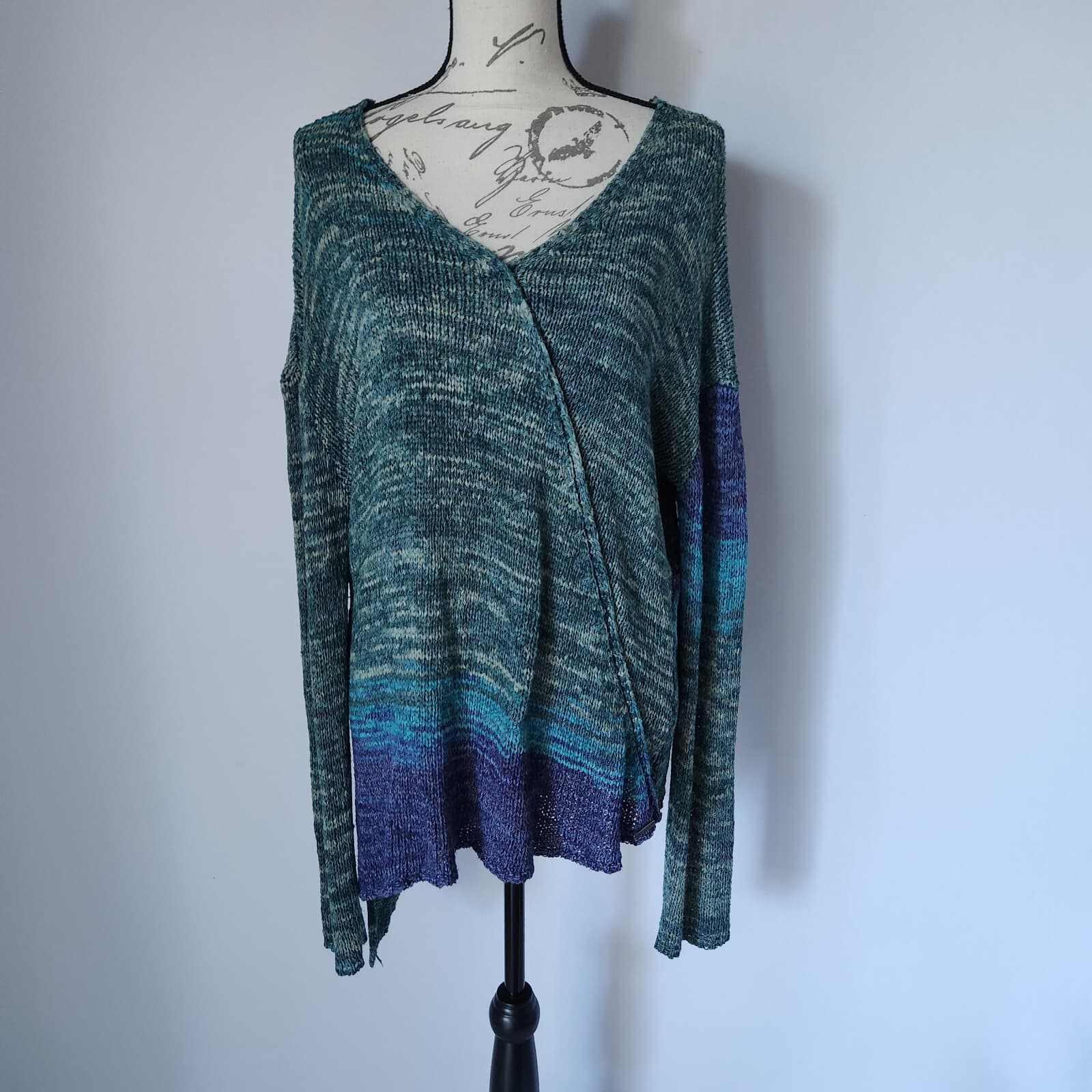 PrAna Asymmetrical Vignette Yoga Sweater Hi-Low V-Neck Green Blue Women Sz.L - Thumbnail 2