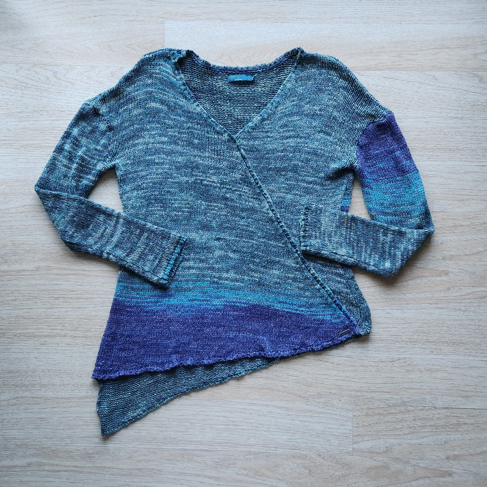 PrAna Asymmetrical Vignette Yoga Sweater Hi-Low V-Neck Green Blue Women Sz.L - Thumbnail 3