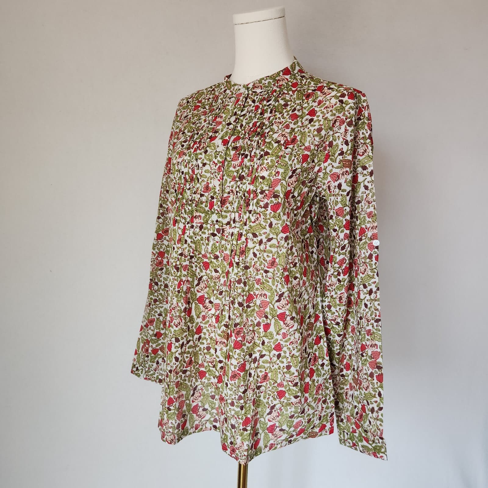 NWT Chaudry KC Floral Pintuck Popover Blouse Long Sleeve Cotton Multicolor Sz.M - Thumbnail 3