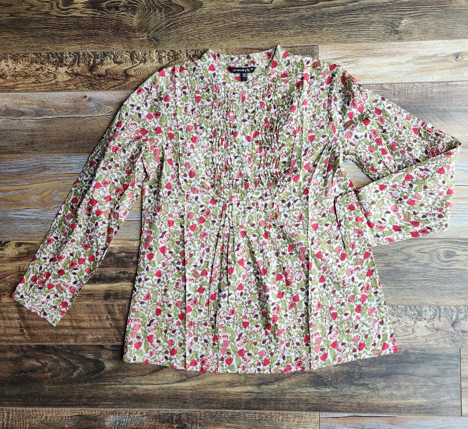 NWT Chaudry KC Floral Pintuck Popover Blouse Long Sleeve Cotton Multicolor Sz.M - Thumbnail 7