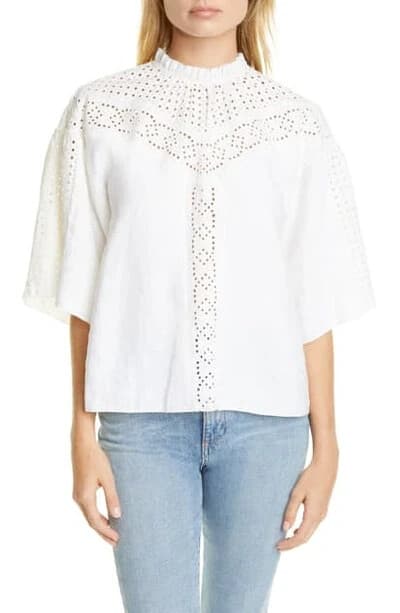 Joie $298 Kamlei Eyelet Yoke Linen Blouse Short Sleeve High Neck Porcelain Sz.L - Thumbnail 4