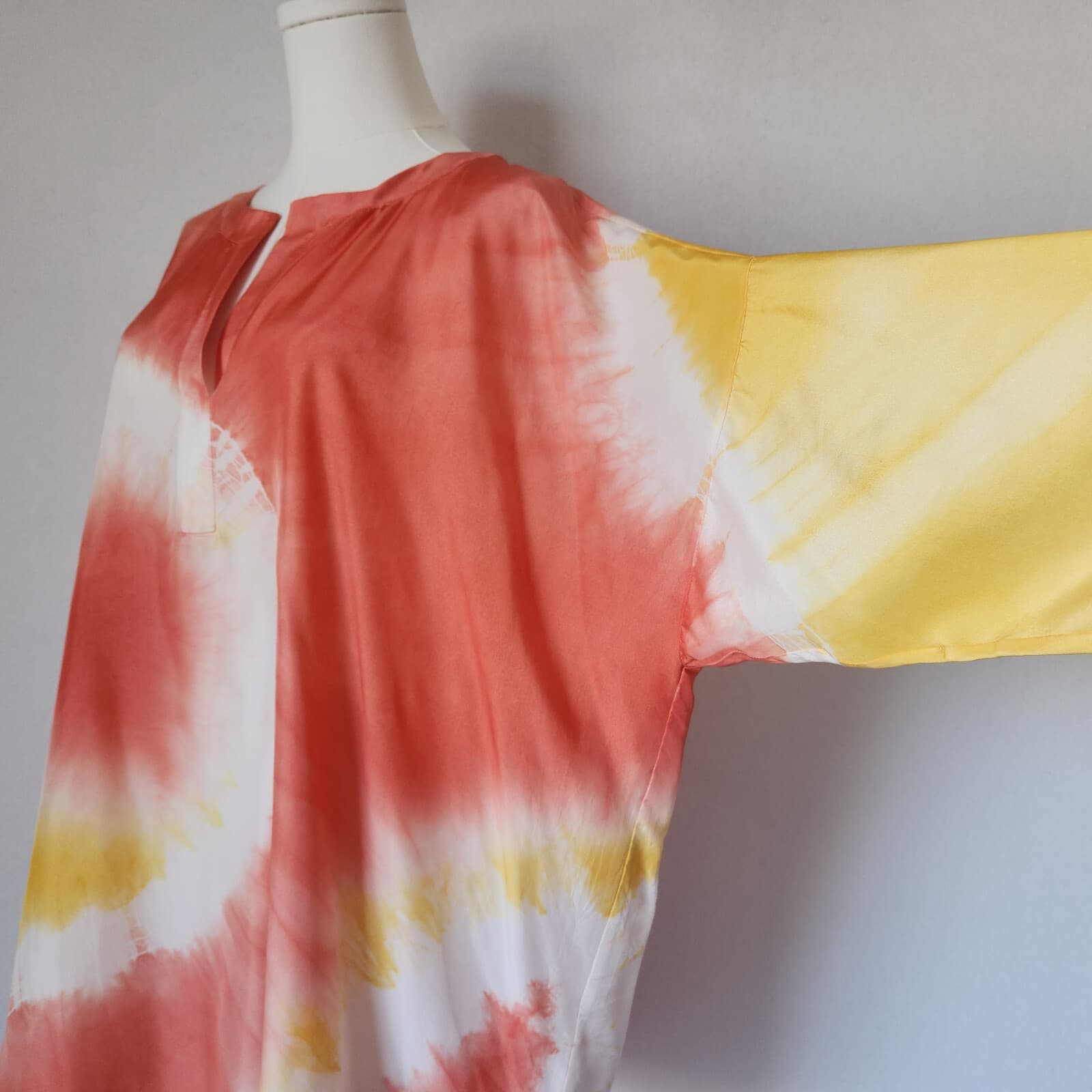 Lafayette 148 New York Silk Satin Tie-Dye Oversize Tunic Top 3/4 Sleeve Coral S - Thumbnail 3