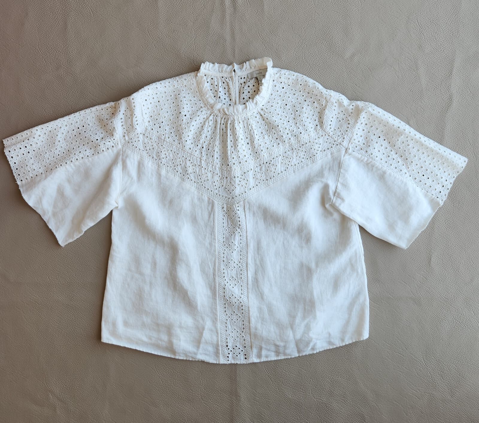 Joie $298 Kamlei Eyelet Yoke Linen Blouse Short Sleeve High Neck Porcelain Sz.L - Thumbnail 3