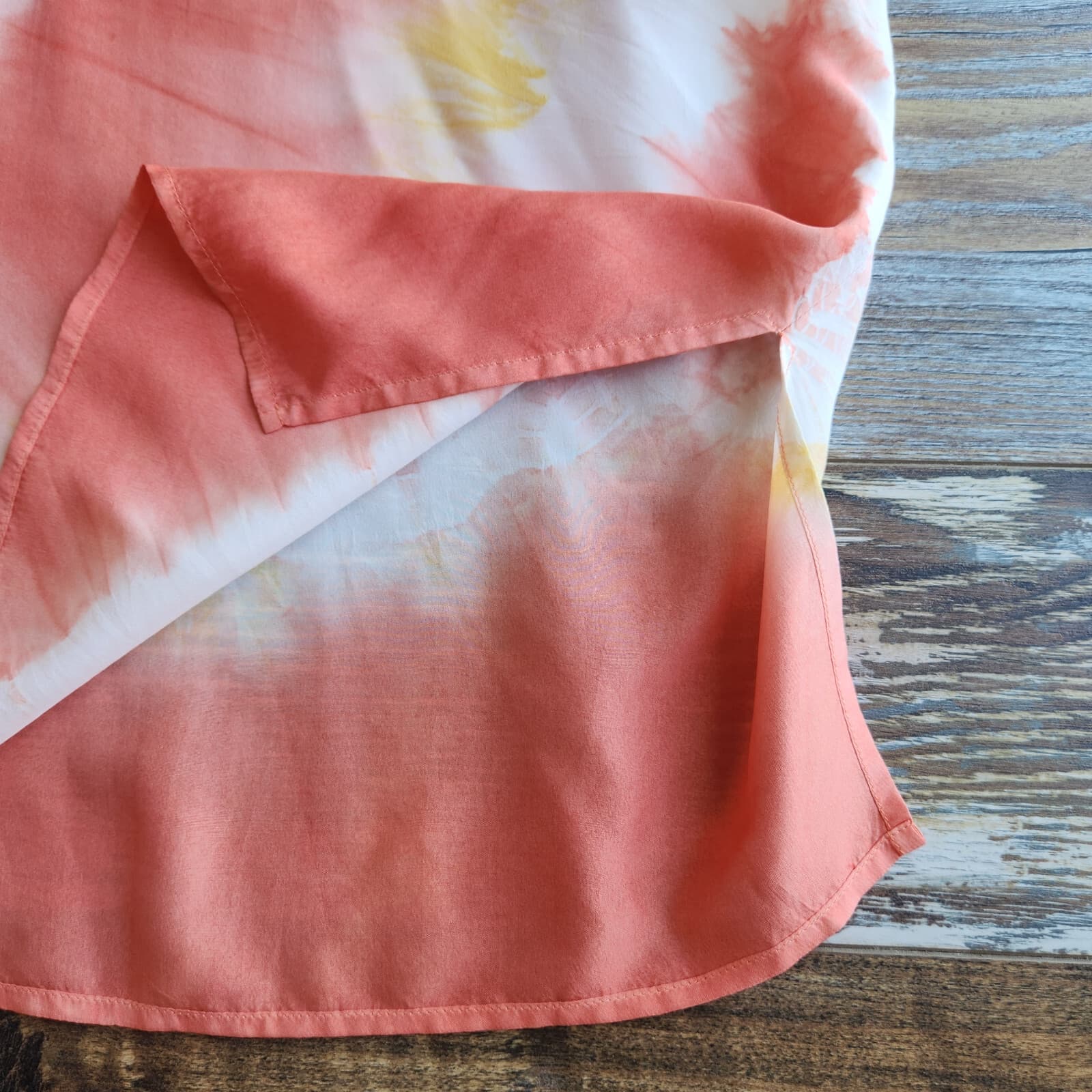 Lafayette 148 New York Silk Satin Tie-Dye Oversize Tunic Top 3/4 Sleeve Coral S - Thumbnail 7