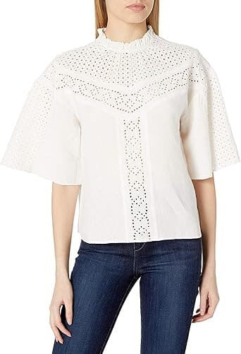 Joie $298 Kamlei Eyelet Yoke Linen Blouse Short Sleeve High Neck Porcelain Sz.L - Thumbnail 2