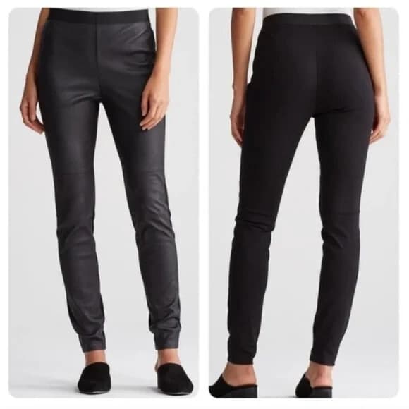 EILEEN FISHER 100% Leather Panel Legging Pants Pull-On Viscose Ponte Black Sz.M - Thumbnail 5