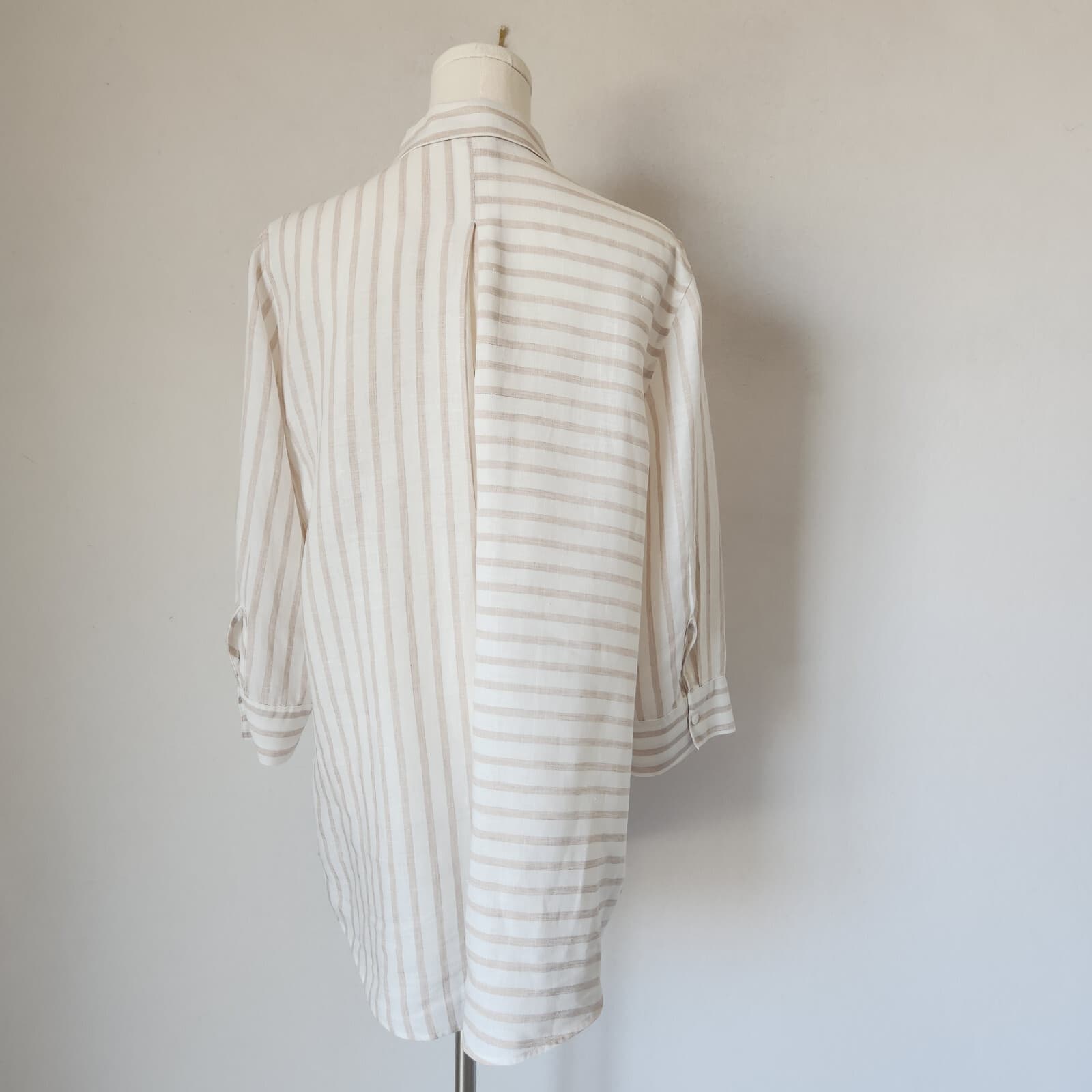 Chico's No Iron Linen Stripe Tunic Shirt Button-Up 3/4 Sleeve White Beige Sz.2-L - Thumbnail 6